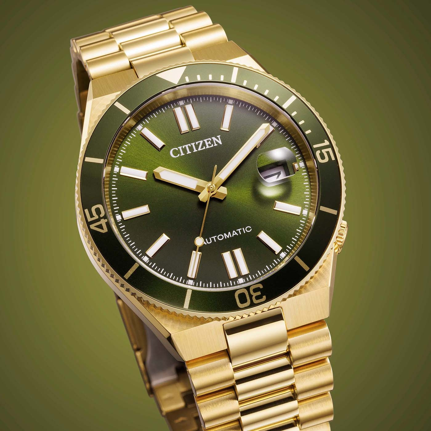Citizen Tsuyosa Shore NJ0232-53X orologio automatico uomo verde oro acciaio 40 mm vetro zaffiro ghiera girevole