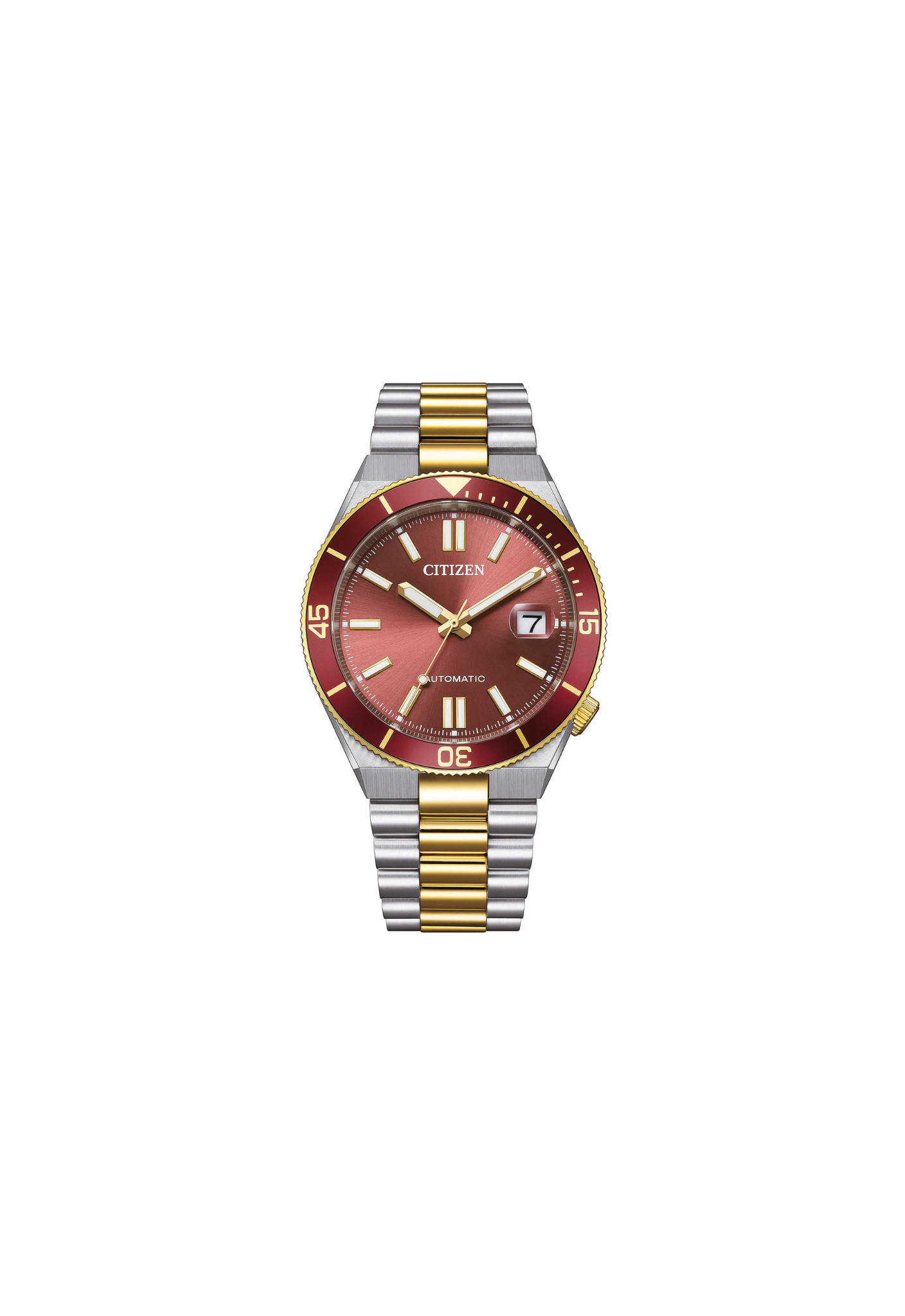 Citizen Tsuyosa Shore NJ0234-58X orologio automatico uomo quadrante rosso bicolore acciaio oro 40 mm vetro zaffiro ghiera girevole