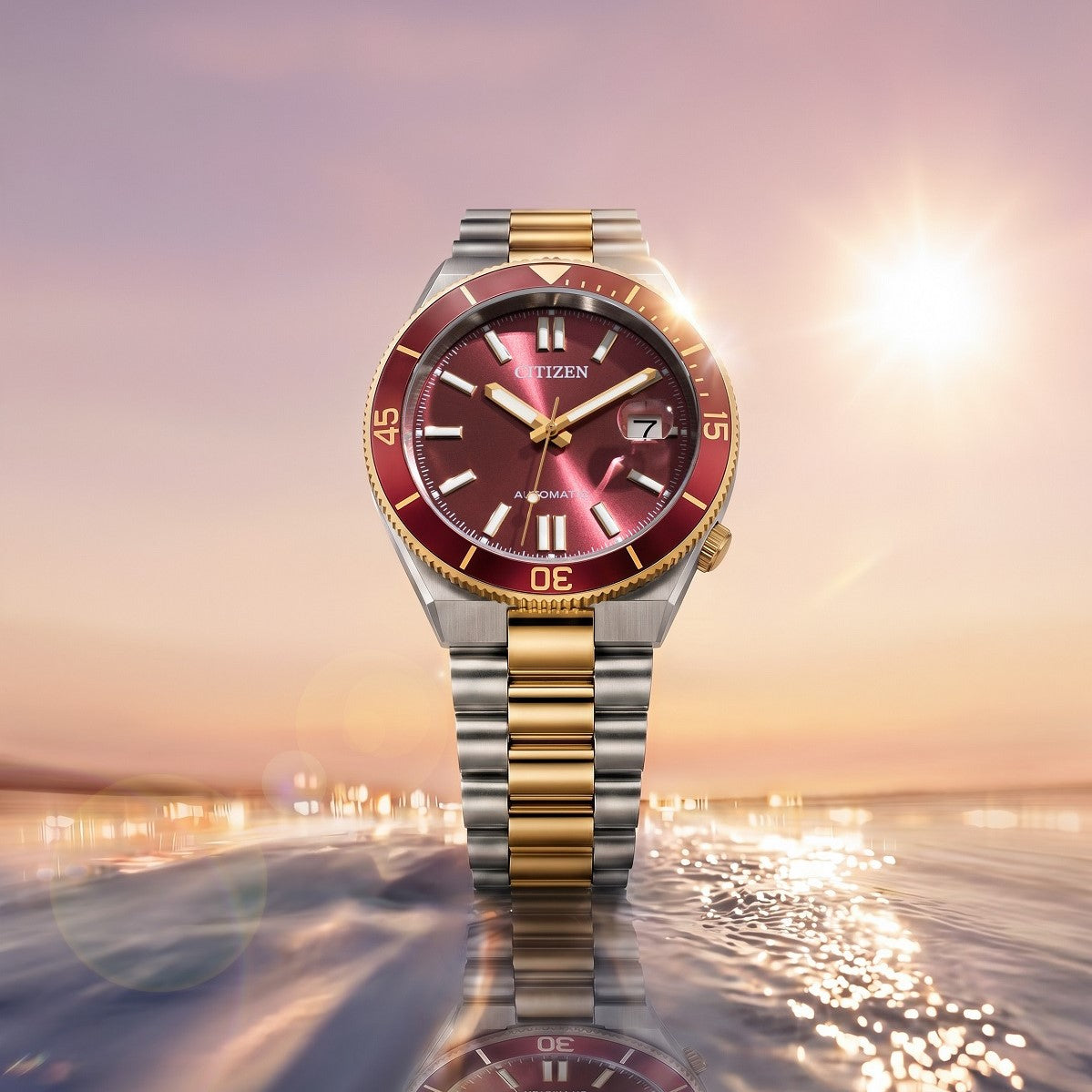 Citizen Tsuyosa Shore NJ0234-58X orologio automatico uomo quadrante rosso bicolore acciaio oro 40 mm vetro zaffiro ghiera girevole