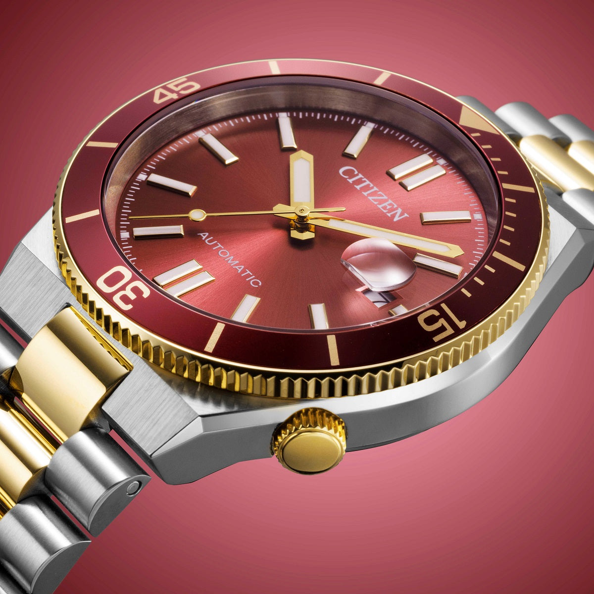 Citizen Tsuyosa Shore NJ0234-58X orologio automatico uomo quadrante rosso bicolore acciaio oro 40 mm vetro zaffiro ghiera girevole