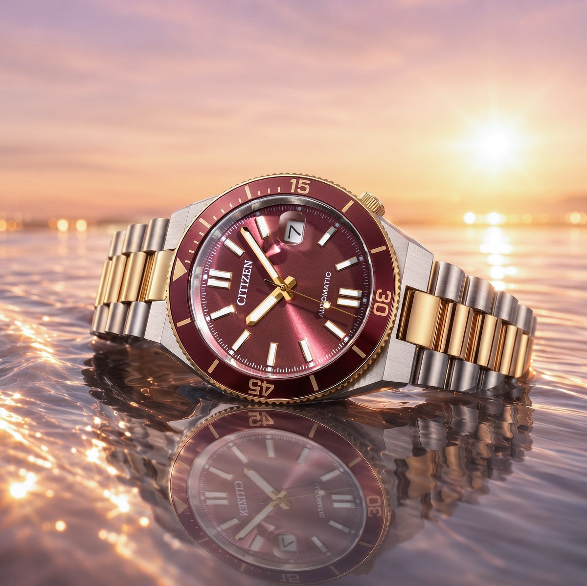 Citizen Tsuyosa Shore NJ0234-58X orologio automatico uomo quadrante rosso bicolore acciaio oro 40 mm vetro zaffiro ghiera girevole