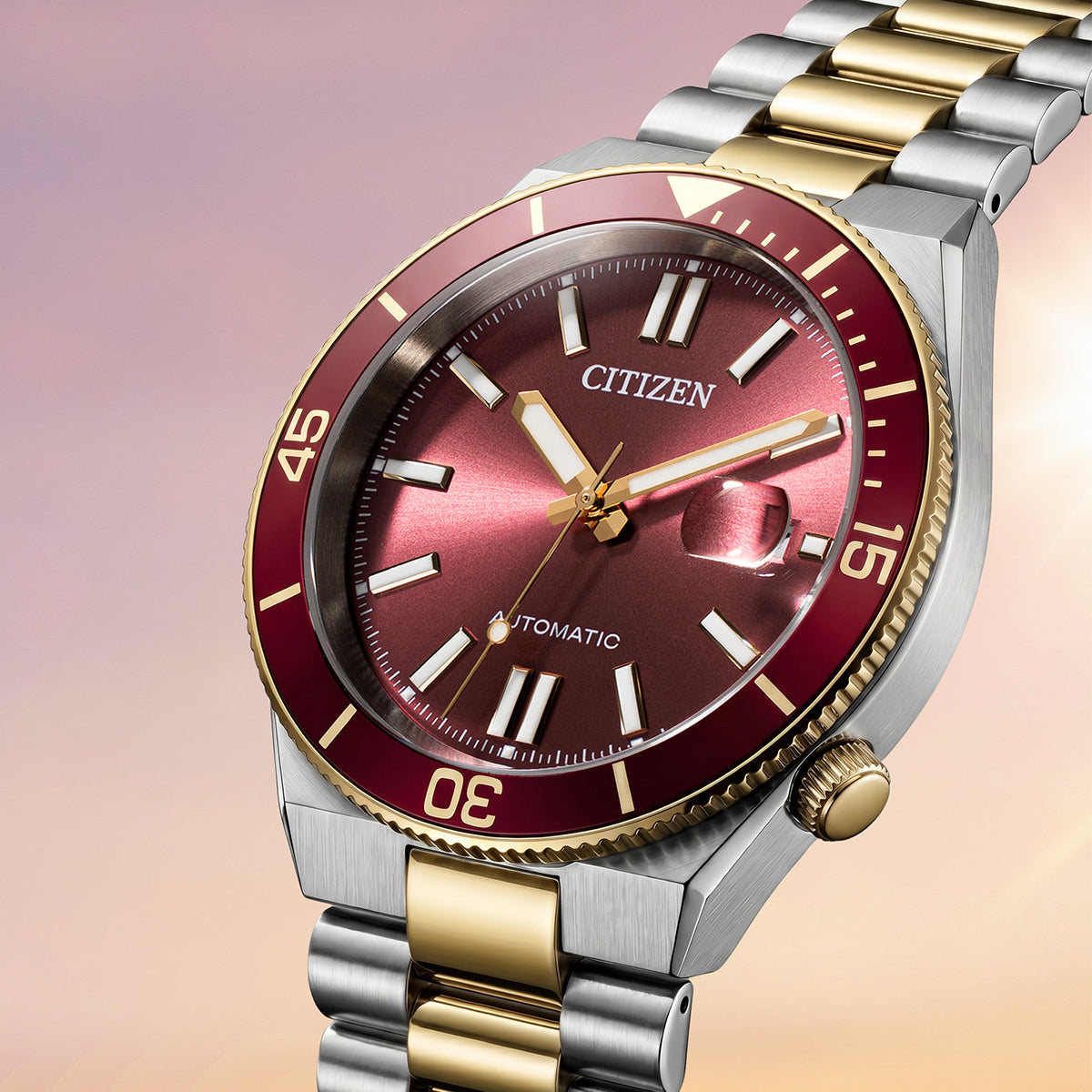 Citizen Tsuyosa Shore NJ0234-58X orologio automatico uomo quadrante rosso bicolore acciaio oro 40 mm vetro zaffiro ghiera girevole