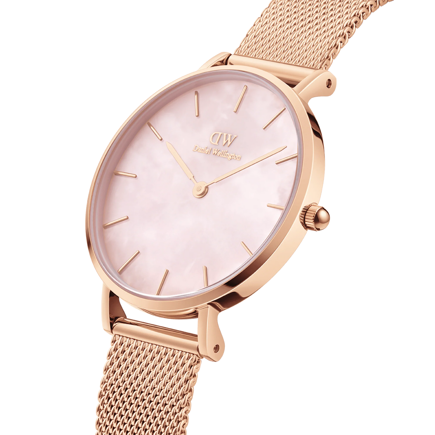 Daniel Wellington Petite Pearl 32mm DW00100516 orologio donna oro rosa quadrante madreperla rosa cinturino mesh quarzo giapponese
