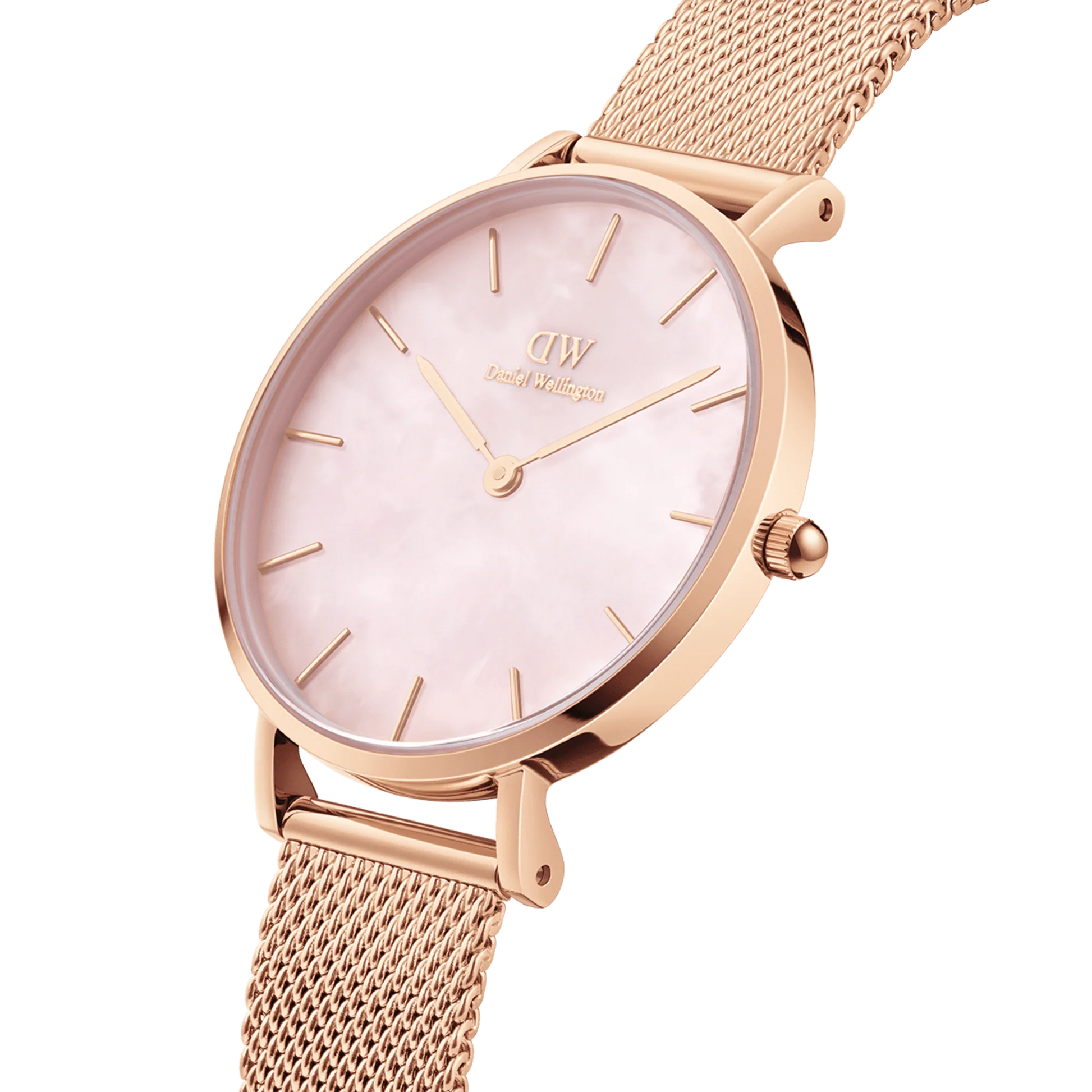 Daniel Wellington Petite Pearl 32mm DW00100516 orologio donna oro rosa quadrante madreperla rosa cinturino mesh quarzo giapponese