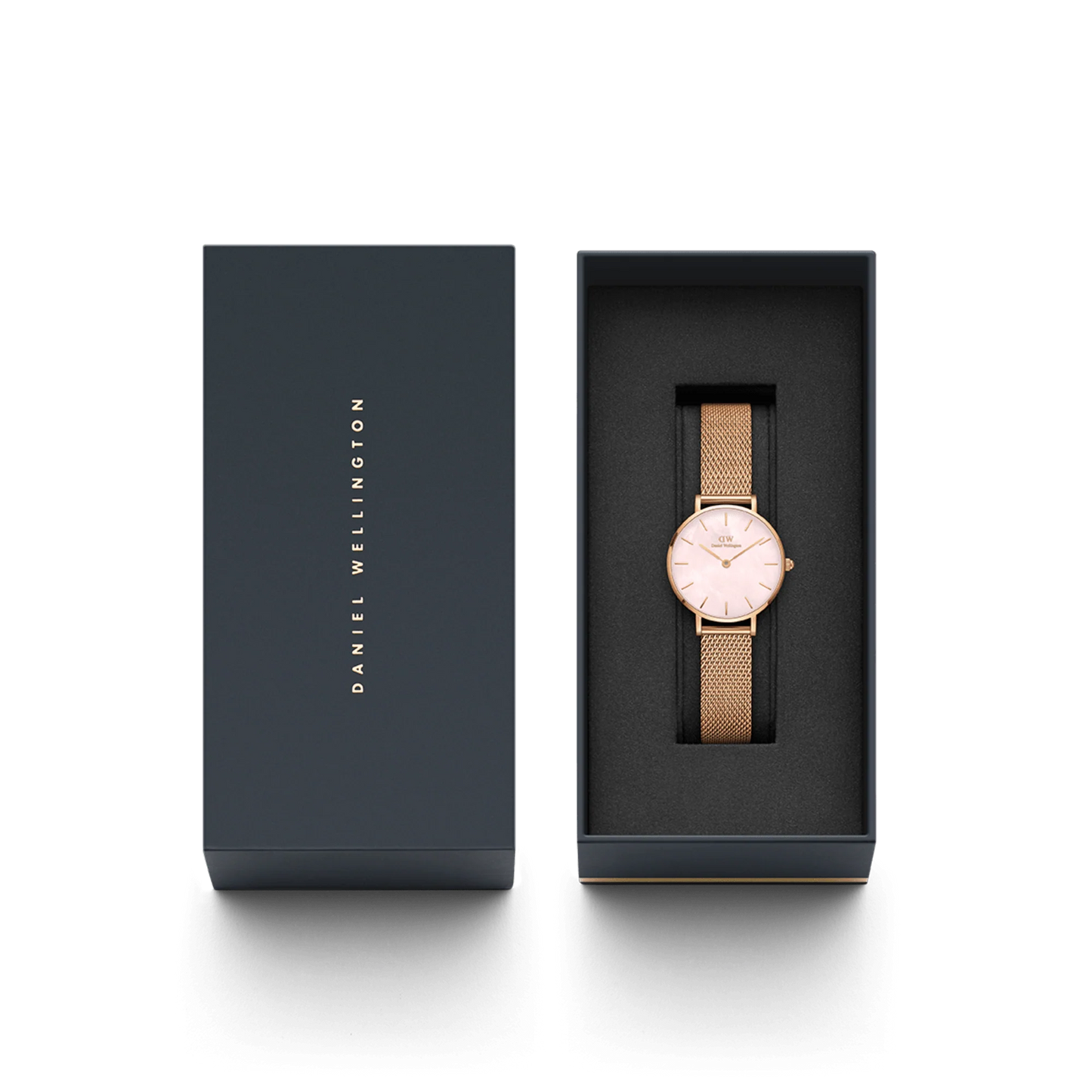 Daniel Wellington Petite Pearl 32mm DW00100516 orologio donna oro rosa quadrante madreperla rosa cinturino mesh quarzo giapponese