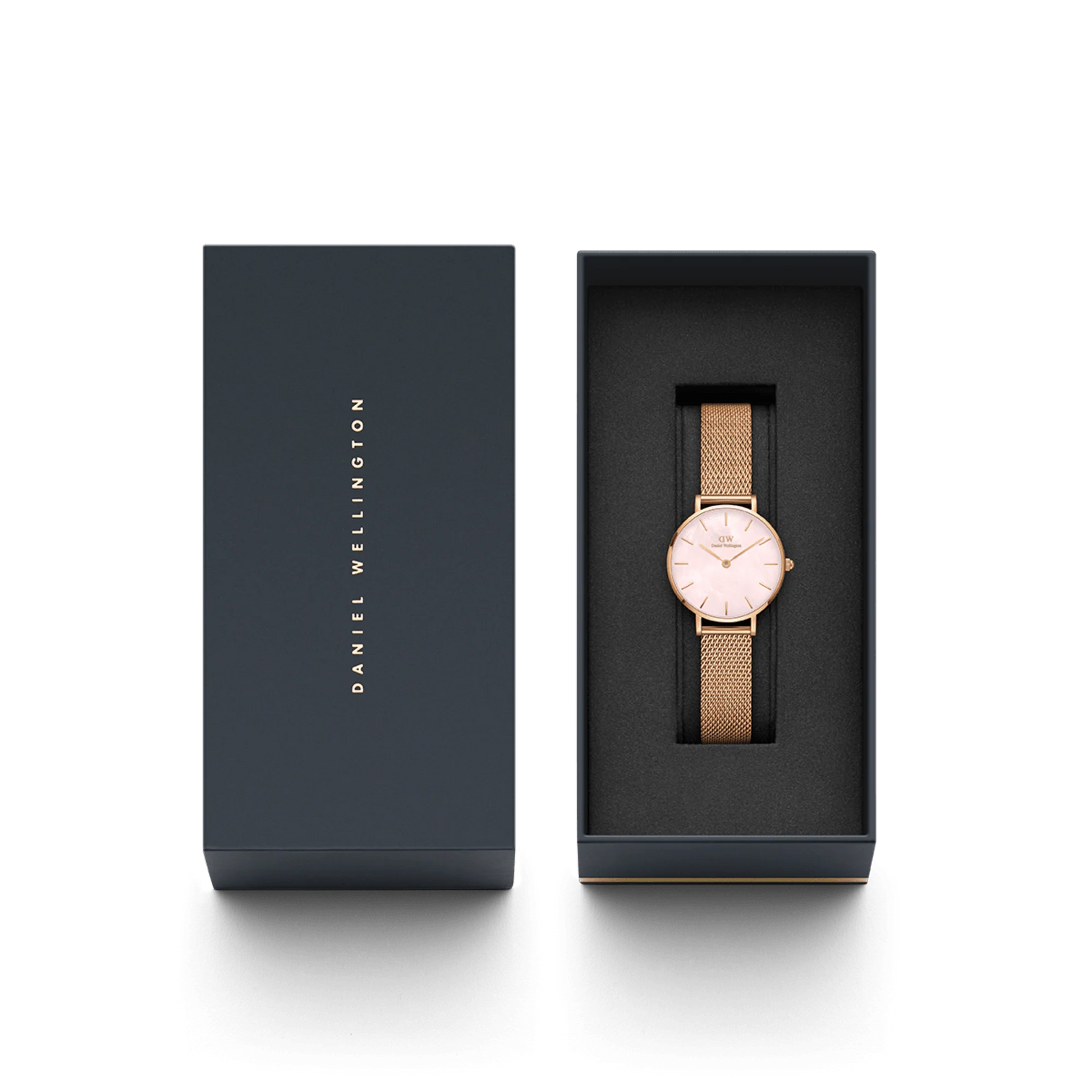 Daniel Wellington Petite Pearl 32mm DW00100516 orologio donna oro rosa quadrante madreperla rosa cinturino mesh quarzo giapponese