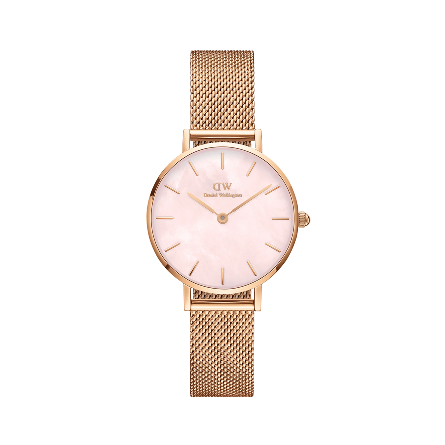 Daniel Wellington Petite Pearl 32mm DW00100516 orologio donna oro rosa quadrante madreperla rosa cinturino mesh quarzo giapponese