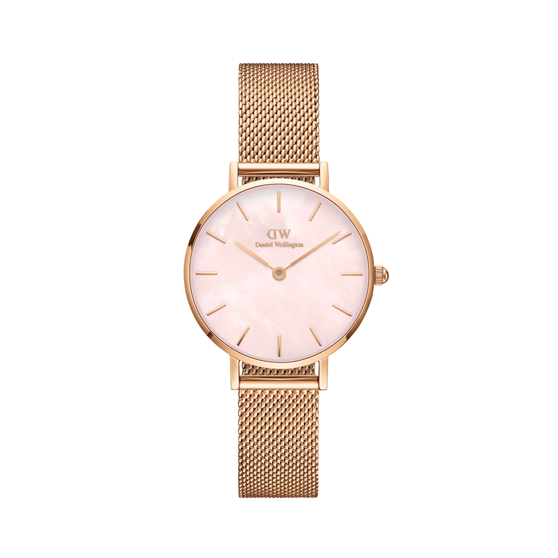 Daniel Wellington Petite Pearl 32mm DW00100516 orologio donna oro rosa quadrante madreperla rosa cinturino mesh quarzo giapponese