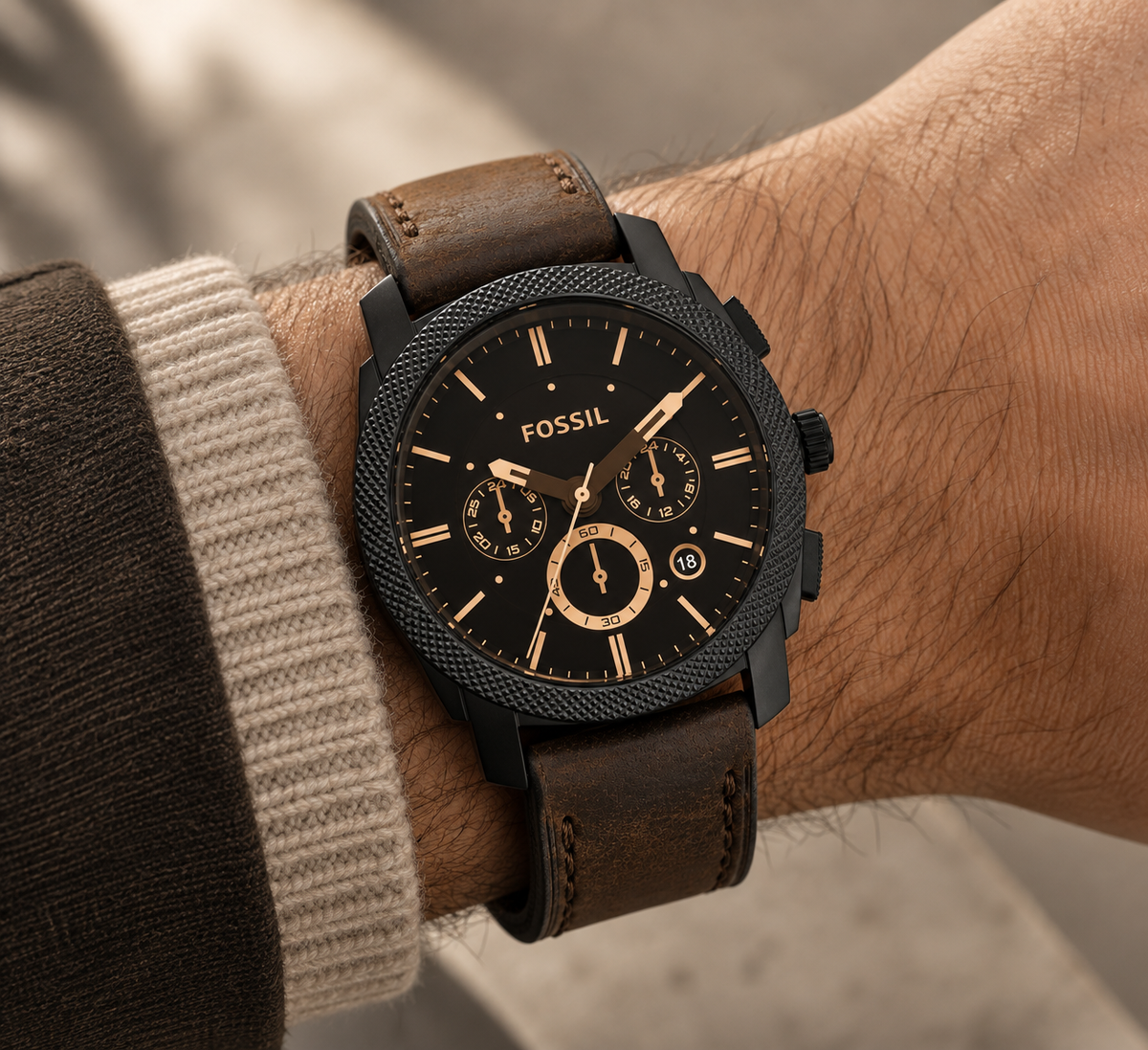 Fossil Machine FS4656 cronografo uomo 42 mm con quadrante nero, cassa in acciaio marrone e cinturino in pelle marrone.