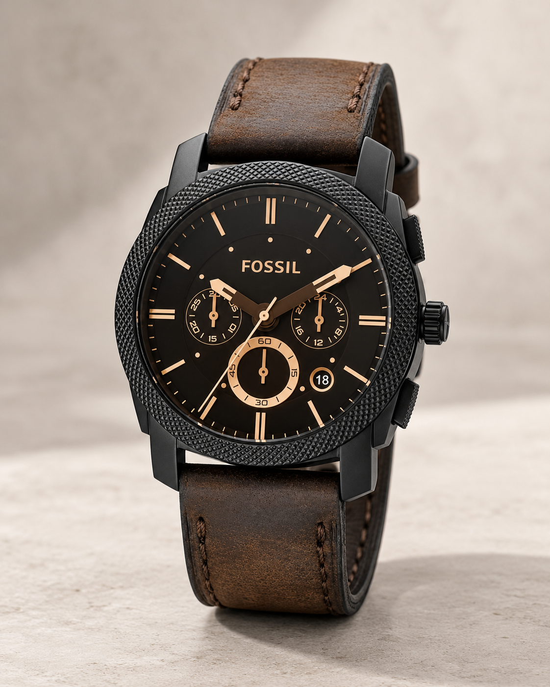 Fossil Machine FS4656 cronografo uomo 42 mm con quadrante nero, cassa in acciaio marrone e cinturino in pelle marrone.