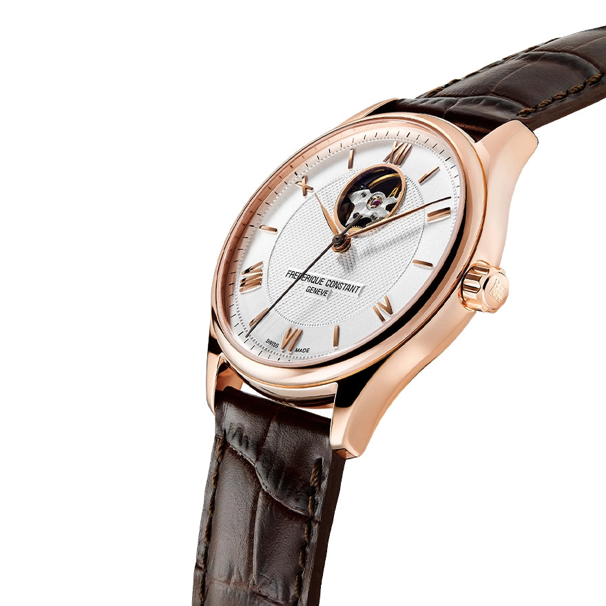 Frederique Constant Classics Heart Beat Automatic FC-310MV5B4 – Orologio automatico 40mm, acciaio oro rosa, quadrante guilloché Clous de Paris, apertura Heart Beat.