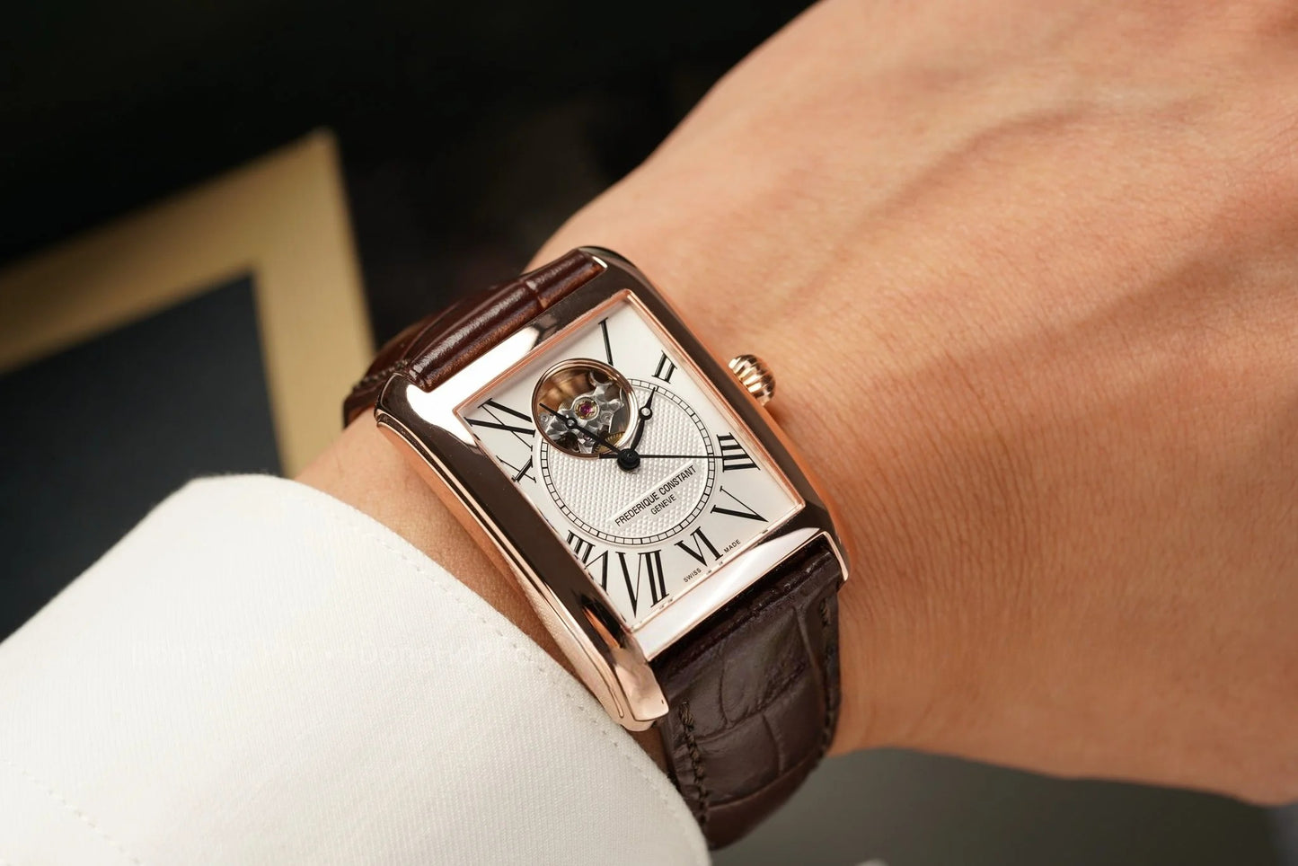 Frederique Constant FC-310MC4S34 automatico Swiss Made cassa oro rosa rettangolare 30.4×33.3 mm quadrante bianco open-heart
