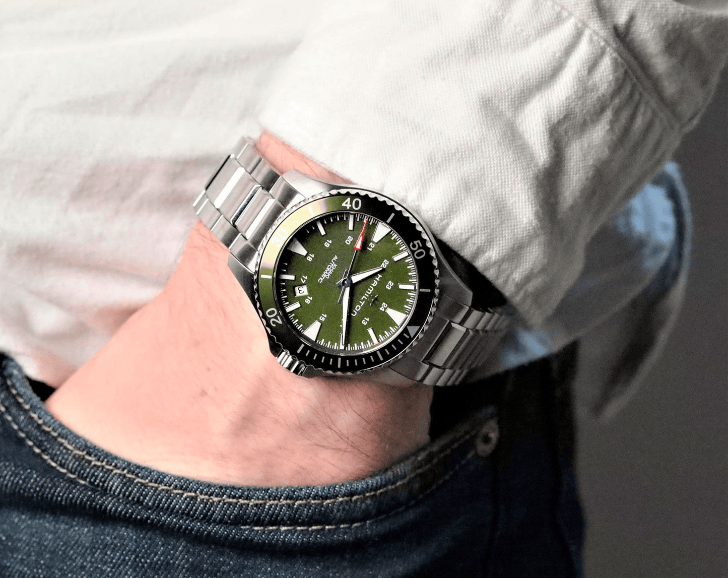 Hamilton Khaki Navy Automatic H82375161 Swiss Made quadrante verde automatico calibro H-10 cassa acciaio 40 mm vetro zaffiro
