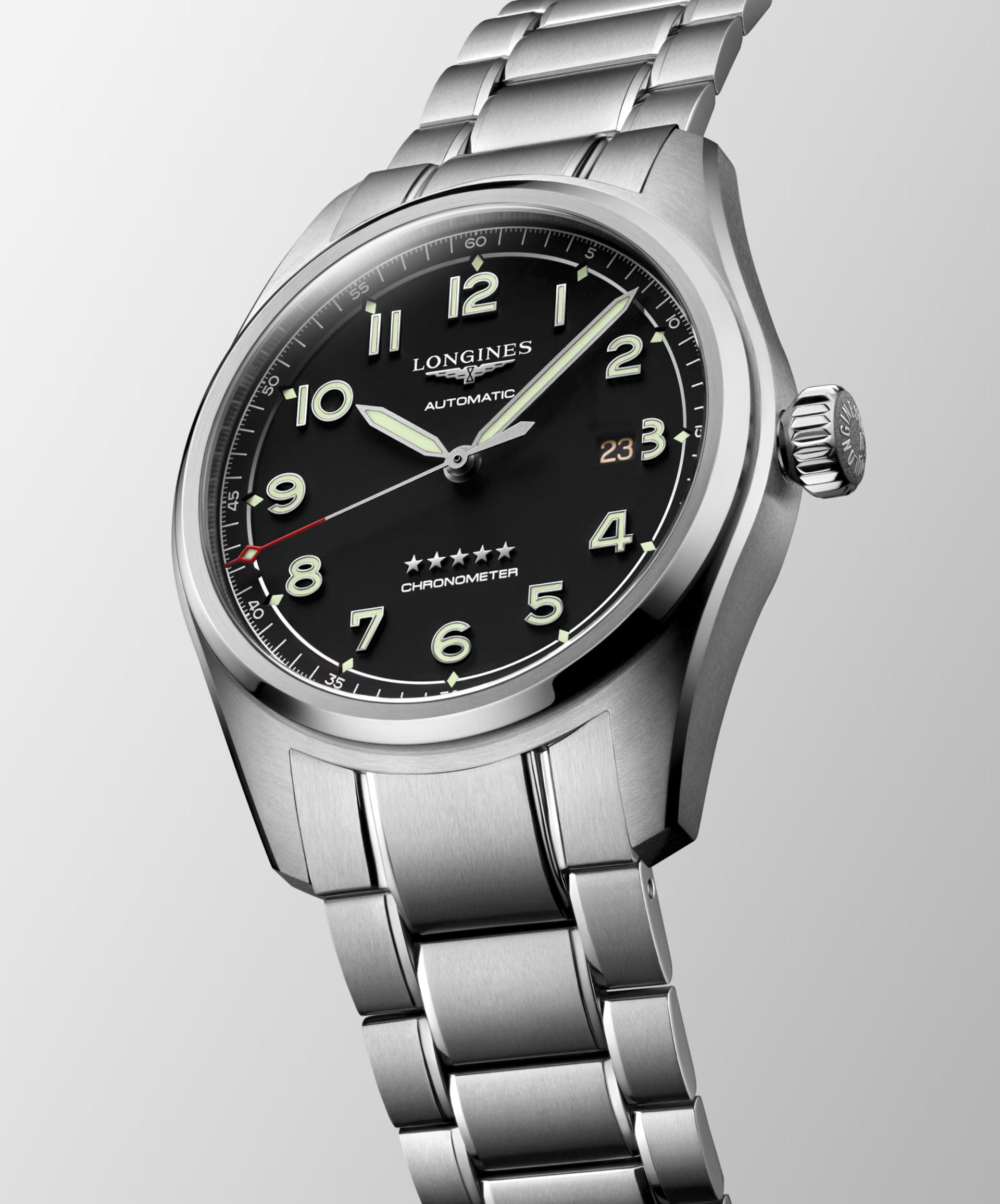 LONGINES SPIRIT L3.410.4.53.6, orologio automatico Swiss Made, cassa acciaio Ø 37/40/42 mm, quadrante nero, vetro zaffiro antigraffio, lancette e indici luminescenti, movimento calibro L888.4 con riserva di carica 72 ore, perfetto per polsi piccoli, medi e grandi.