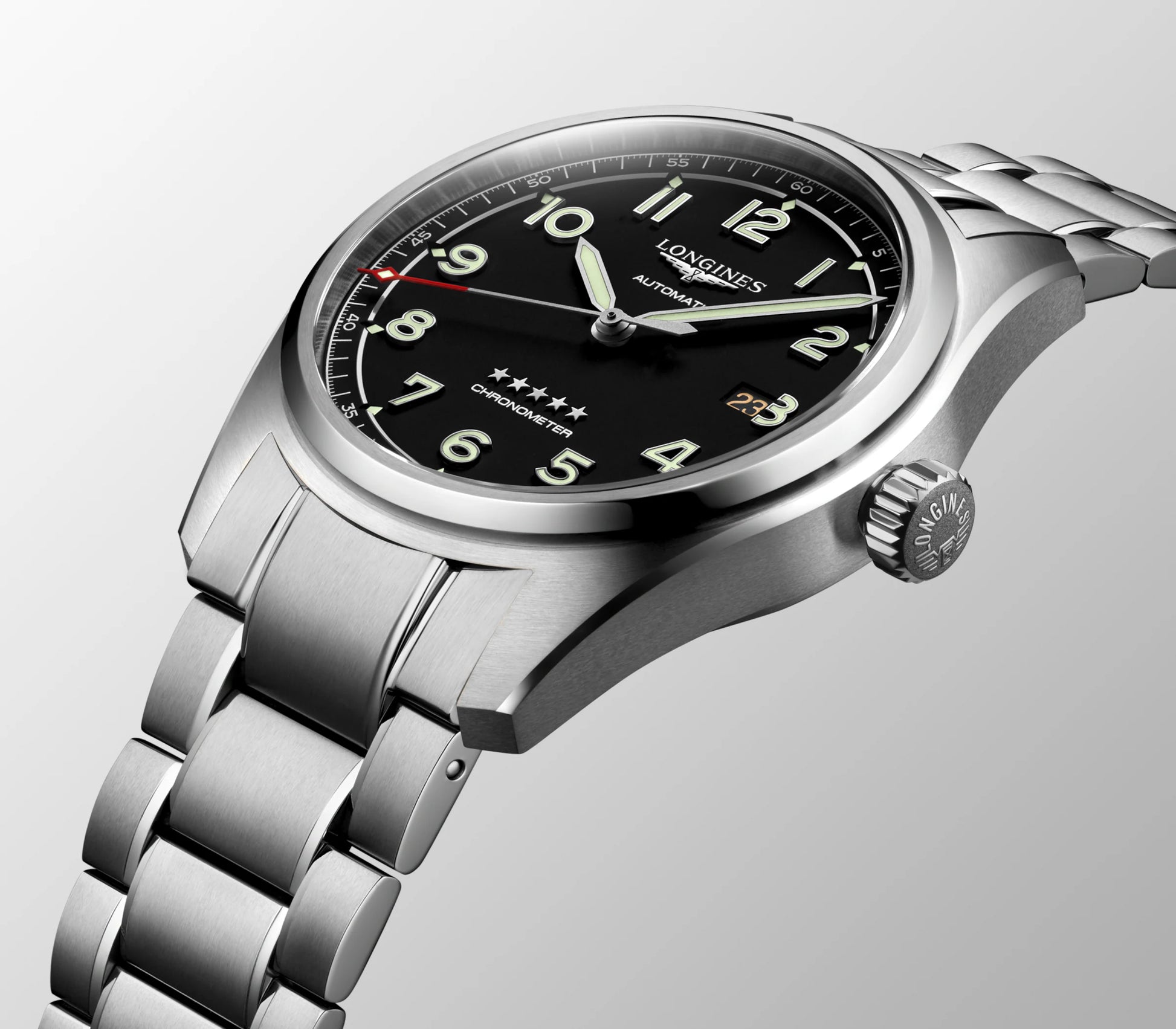 LONGINES SPIRIT L3.410.4.53.6, orologio automatico Swiss Made, cassa acciaio Ø 37/40/42 mm, quadrante nero, vetro zaffiro antigraffio, lancette e indici luminescenti, movimento calibro L888.4 con riserva di carica 72 ore, perfetto per polsi piccoli, medi e grandi.