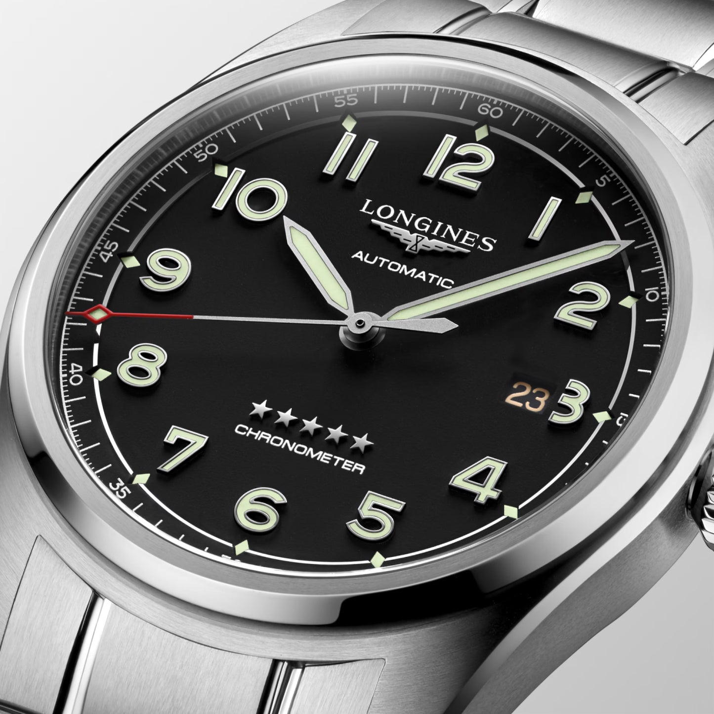LONGINES SPIRIT L3.410.4.53.6, orologio automatico Swiss Made, cassa acciaio Ø 37/40/42 mm, quadrante nero, vetro zaffiro antigraffio, lancette e indici luminescenti, movimento calibro L888.4 con riserva di carica 72 ore, perfetto per polsi piccoli, medi e grandi.