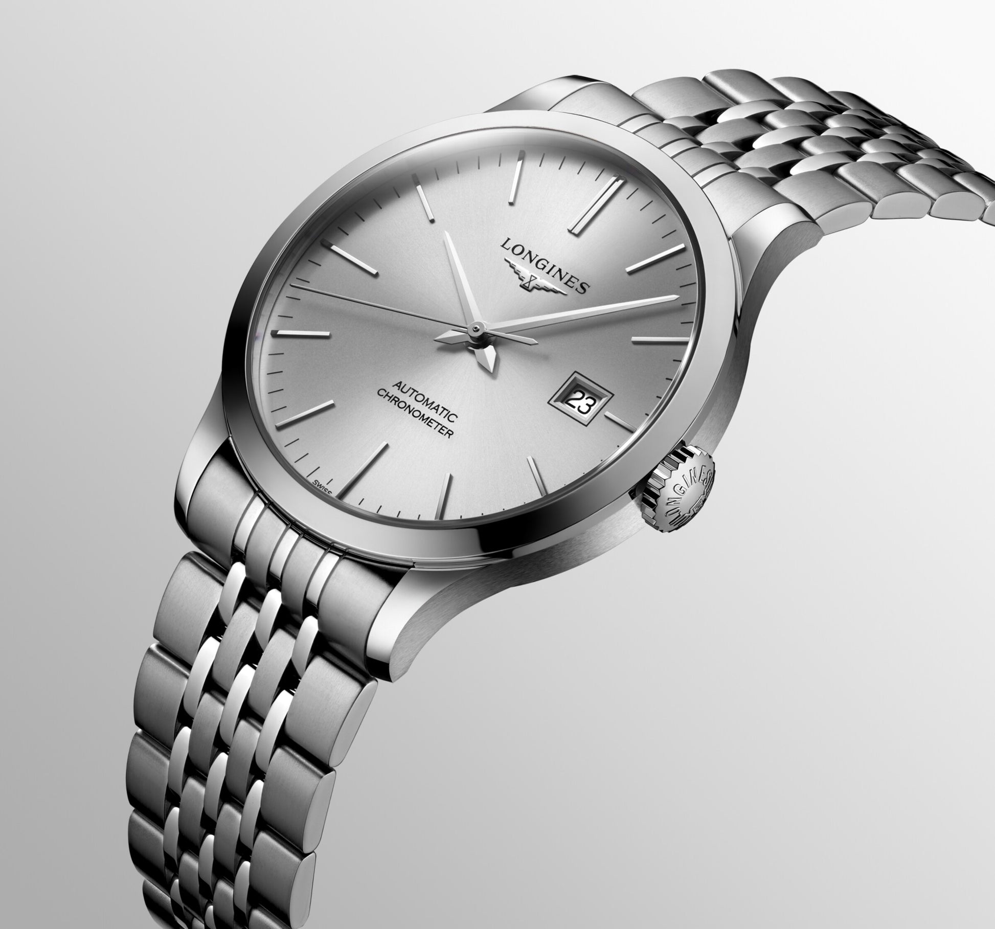 Longines Record L2.821.4.72.6 – Orologio automatico Swiss Made da uomo – Cassa acciaio Ø 40mm – Quadrante argento a raggi di sole