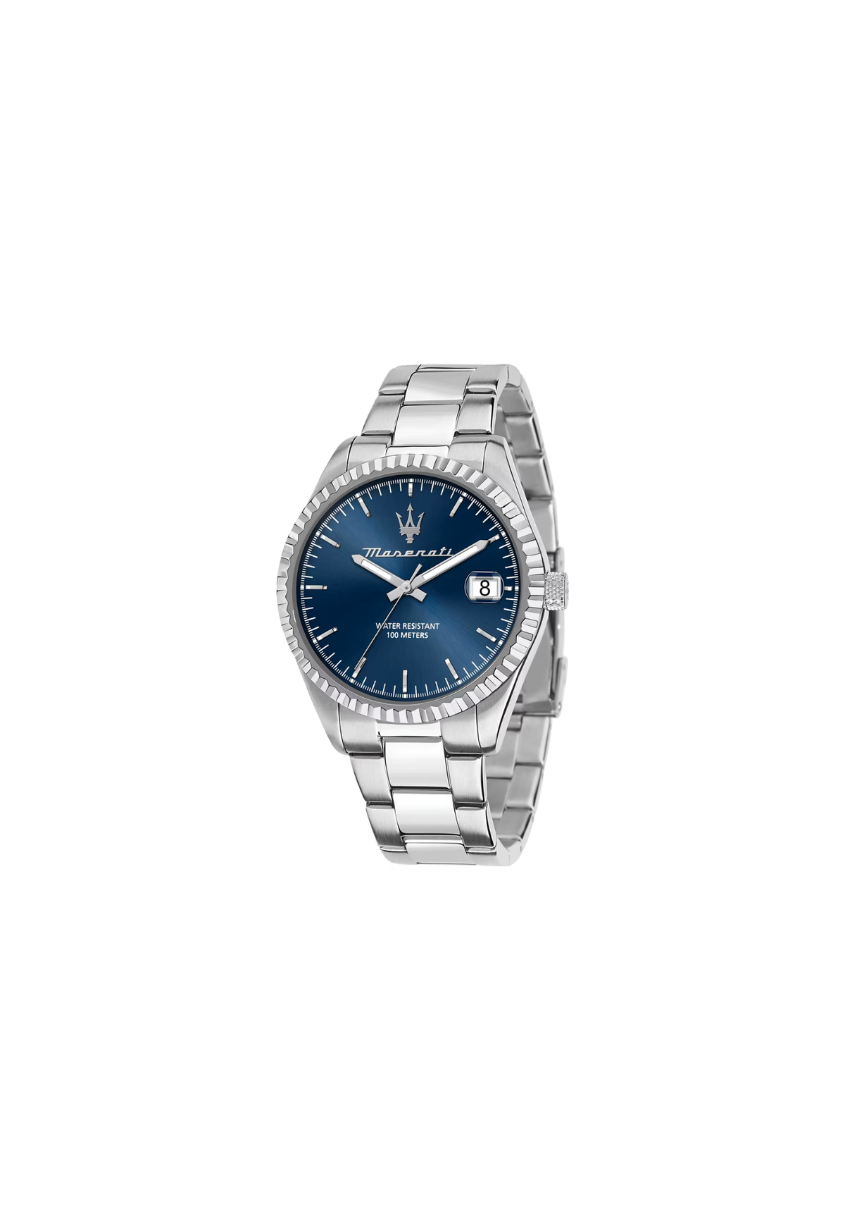 Maserati Competizione R8853100029 orologio uomo 43 mm con quadrante blu, cassa in acciaio satinato e bracciale argentato.