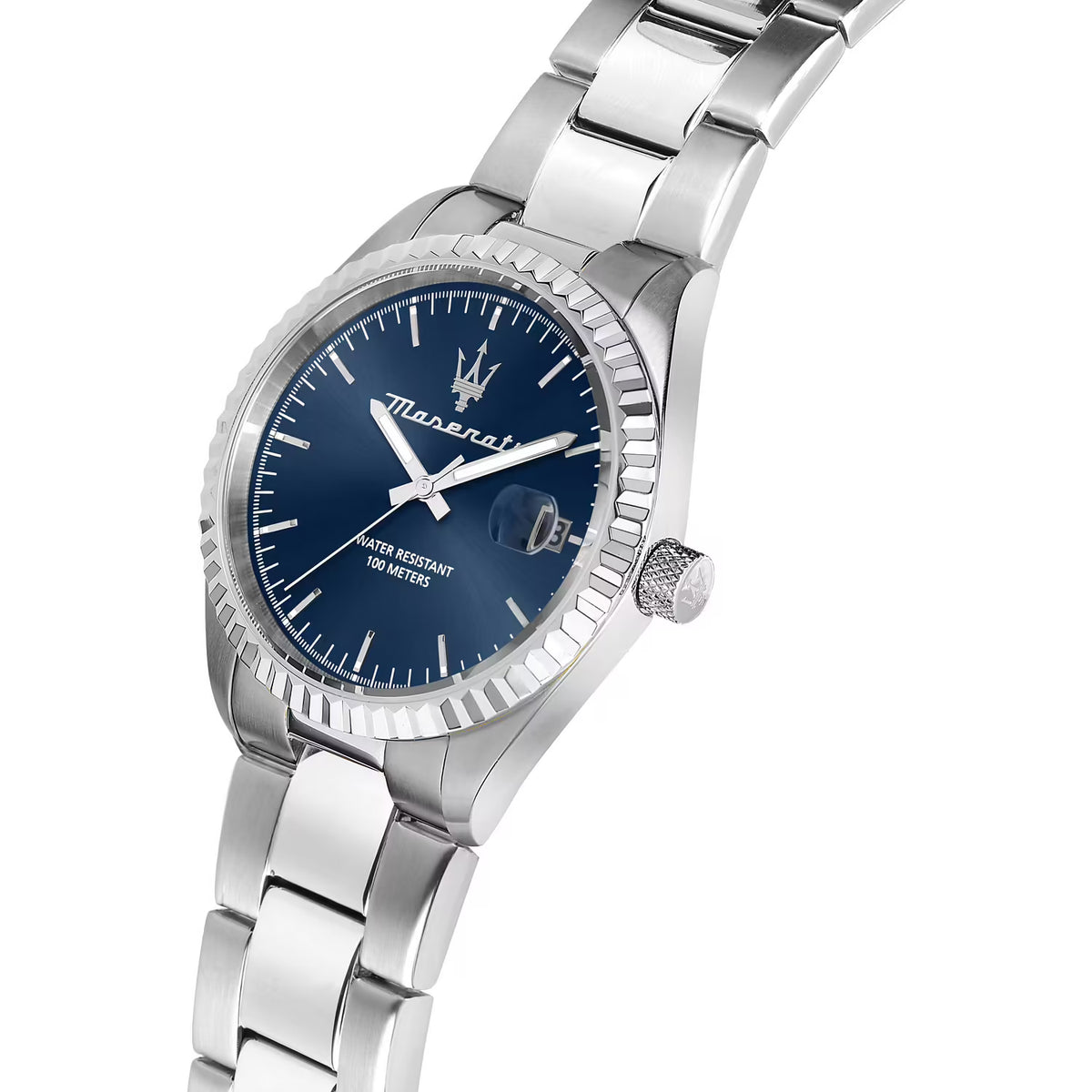 Maserati Competizione R8853100029 orologio uomo 43 mm con quadrante blu, cassa in acciaio satinato e bracciale argentato.
