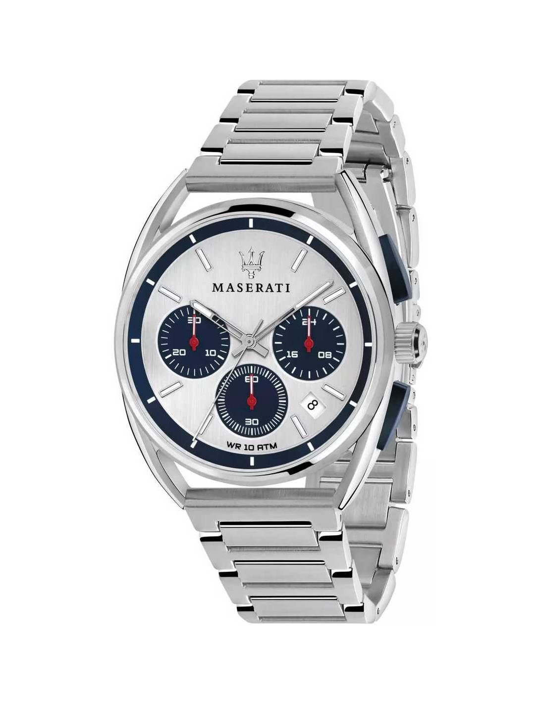 Maserati cronografo uomo R8873632001 quadrante bianco blu cassa acciaio 41 mm cinturino argento