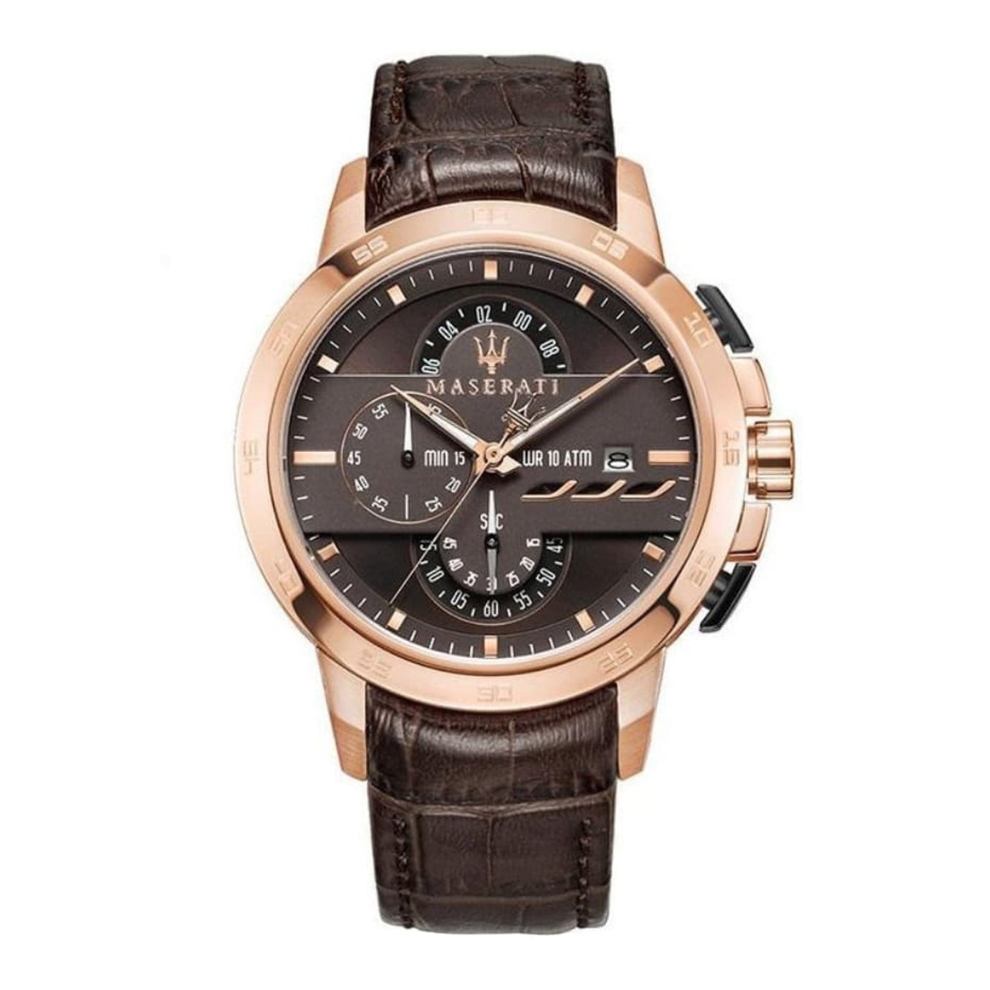 Maserati Ingegno cronografo uomo R8871619001 quadrante marrone cassa acciaio oro rosa 45 mm cinturino pelle marrone