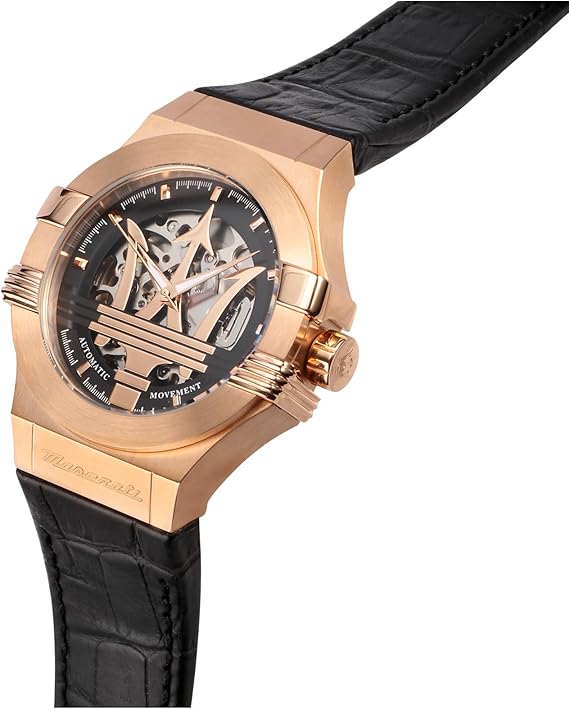 Maserati Potenza automatico uomo R8821108002 quadrante scheletrato nero cassa acciaio oro rosa 42 mm cinturino pelle nero