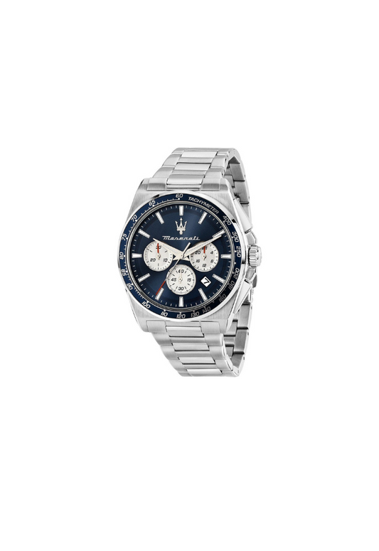 Orologio Maserati Velocità Chrono R8873652005 quarzo 43mm acciaio argento con quadrante blu e bracciale in metallo


