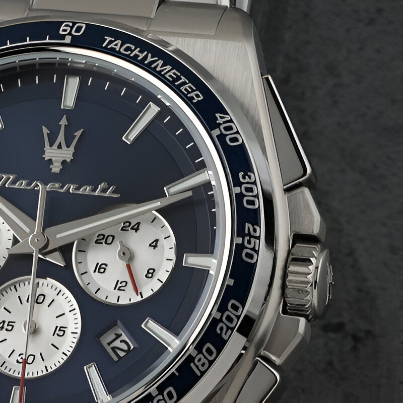 Orologio Maserati Velocità Chrono R8873652005 quarzo 43mm acciaio argento con quadrante blu e bracciale in metallo

