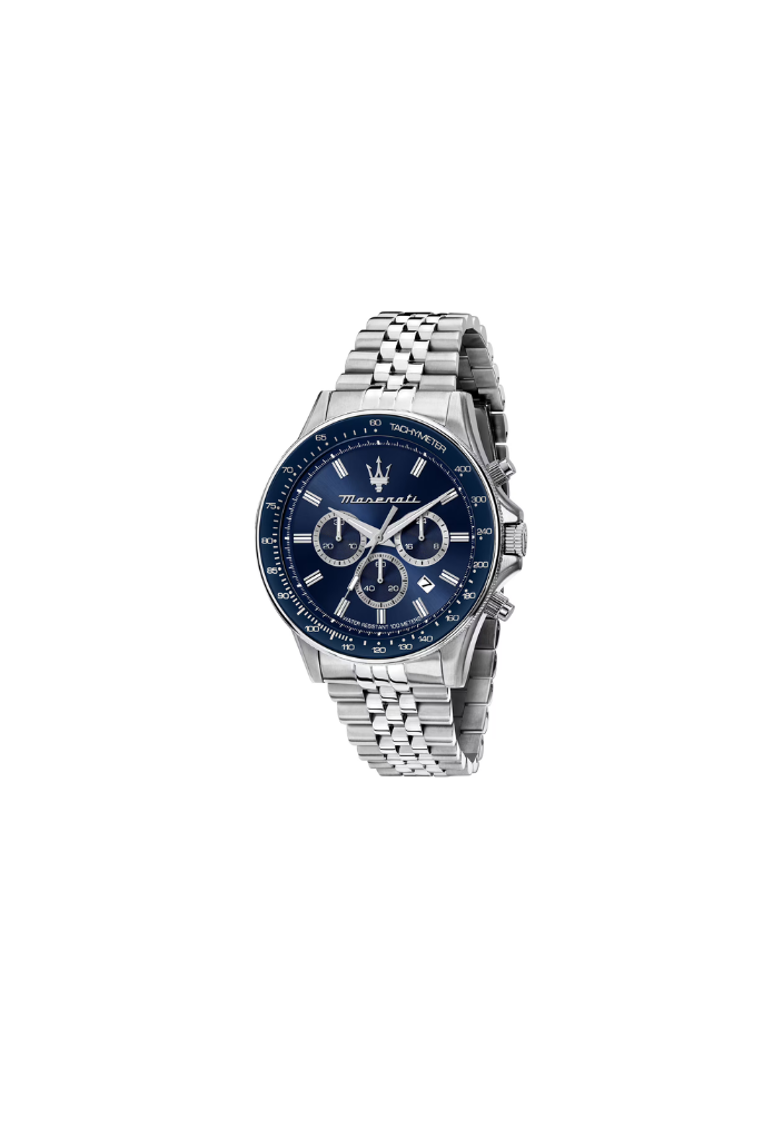 Maserati Sfida R8873640025 – Orologio cronografo uomo – Quarzo – Cassa acciaio Ø 44mm – Quadrante blu – Cinturino acciaio silver