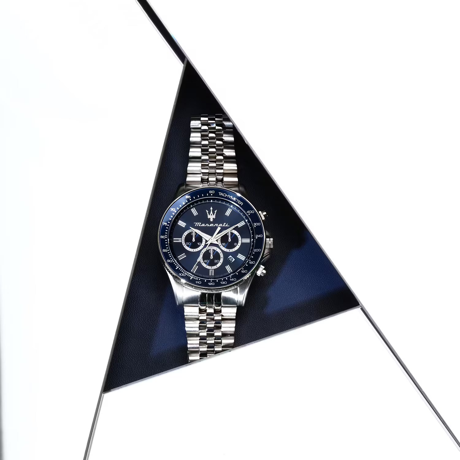 Maserati Sfida R8873640025 – Orologio cronografo uomo – Quarzo – Cassa acciaio Ø 44mm – Quadrante blu – Cinturino acciaio silver