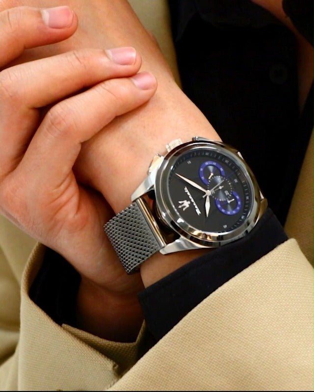 Orologio Maserati Traguardo R8873612006 cronografo quarzo uomo nero 45 mm acciaio mesh