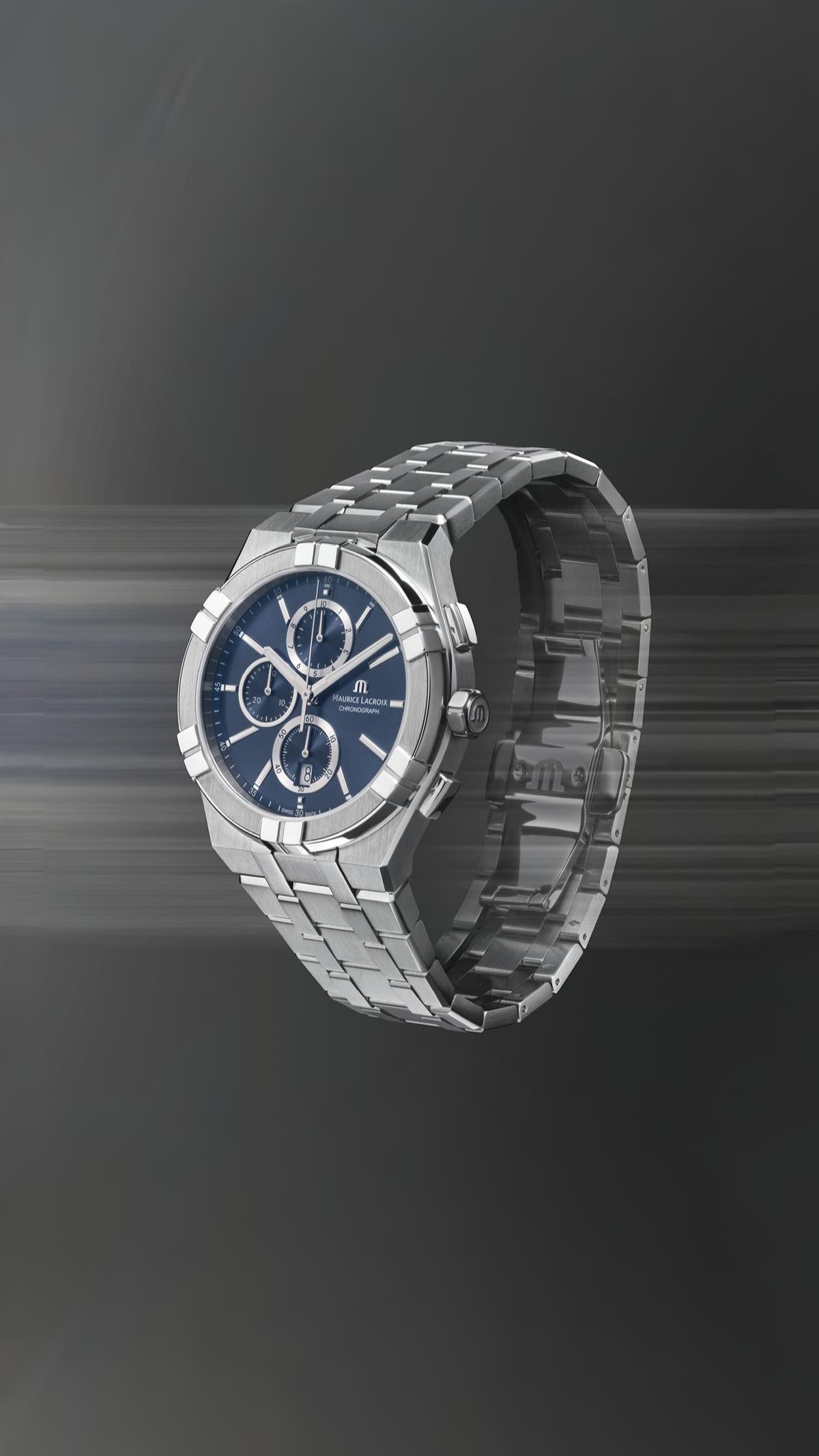 Maurice Lacroix Aikon Quartz Chronograph AI1118-SS002-430-1, 42mm acciaio, quadrante blu soleil, cronografo Swiss Made