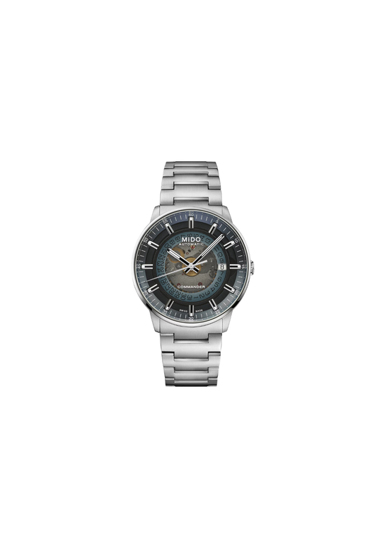 Mido Commander Gradient Automatico Swiss Made blu 40mm quadrante trasparente acciaio inox 316L datario M021.407.11.411.01