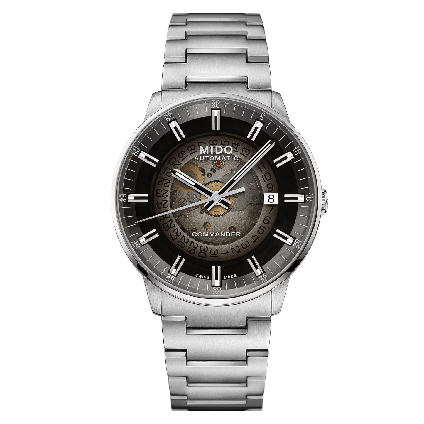 Mido Commander Gradient Automatico Swiss Made nero 40mm quadrante trasparente acciaio inox 316L datario M021.407.11.411.00