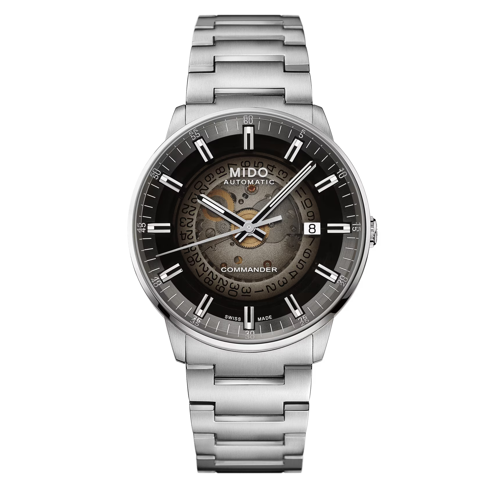 Mido Commander Gradient Automatico Swiss Made nero 40mm quadrante trasparente acciaio inox 316L datario M021.407.11.411.00