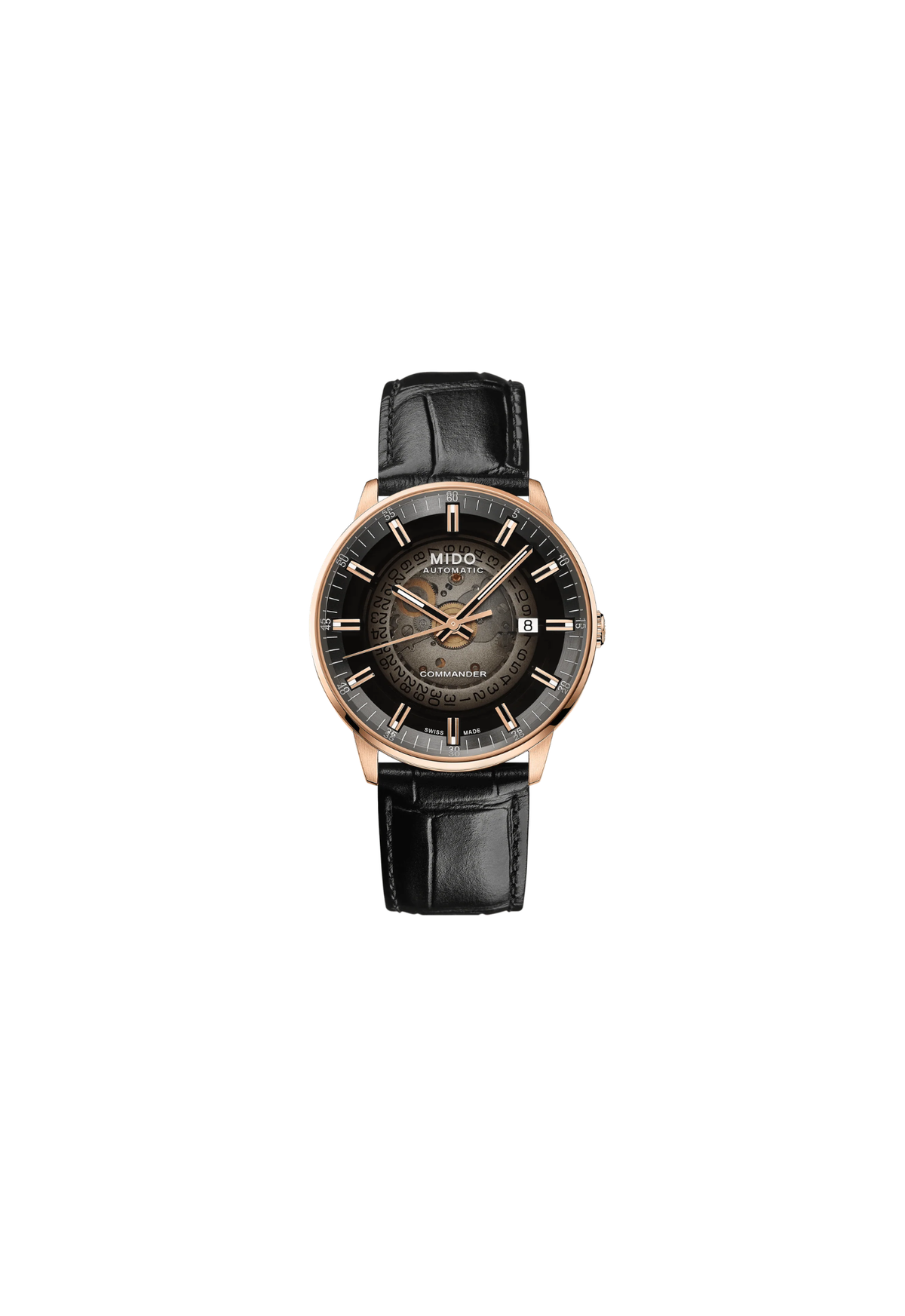 Mido Commander Gradient M021.407.36.411.00 automatico 40 mm con quadrante trasparente fumé, cassa PVD e cinturino in pelle nera effetto alligatore.