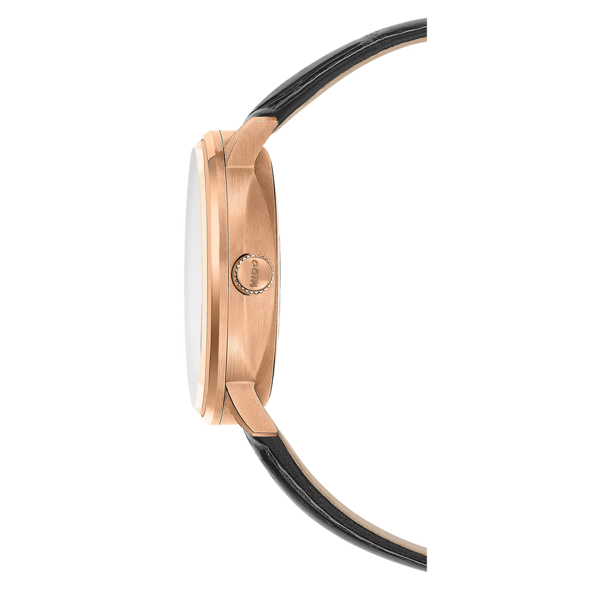 Mido Commander Gradient M021.407.36.411.00 automatico 40 mm con quadrante trasparente fumé, cassa PVD e cinturino in pelle nera effetto alligatore.