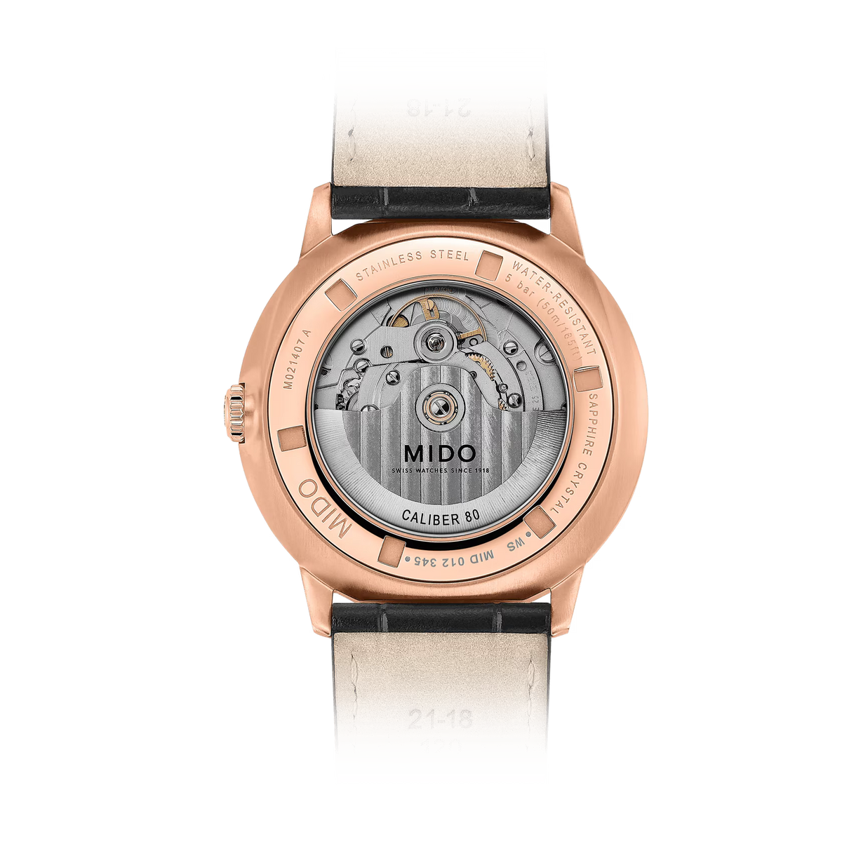 Mido Commander Gradient M021.407.36.411.00 automatico 40 mm con quadrante trasparente fumé, cassa PVD e cinturino in pelle nera effetto alligatore.