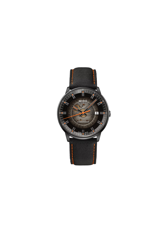 Mido Commander Gradient M021.407.37.411.00 automatico 40 mm con quadrante trasparente fumé, cassa PVD nera e cinturino in pelle.