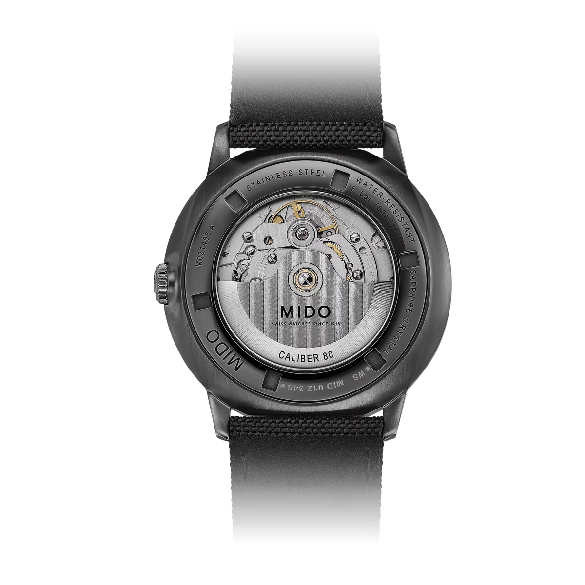 Mido Commander Gradient M021.407.37.411.00 automatico 40 mm con quadrante trasparente fumé, cassa PVD nera e cinturino in pelle.