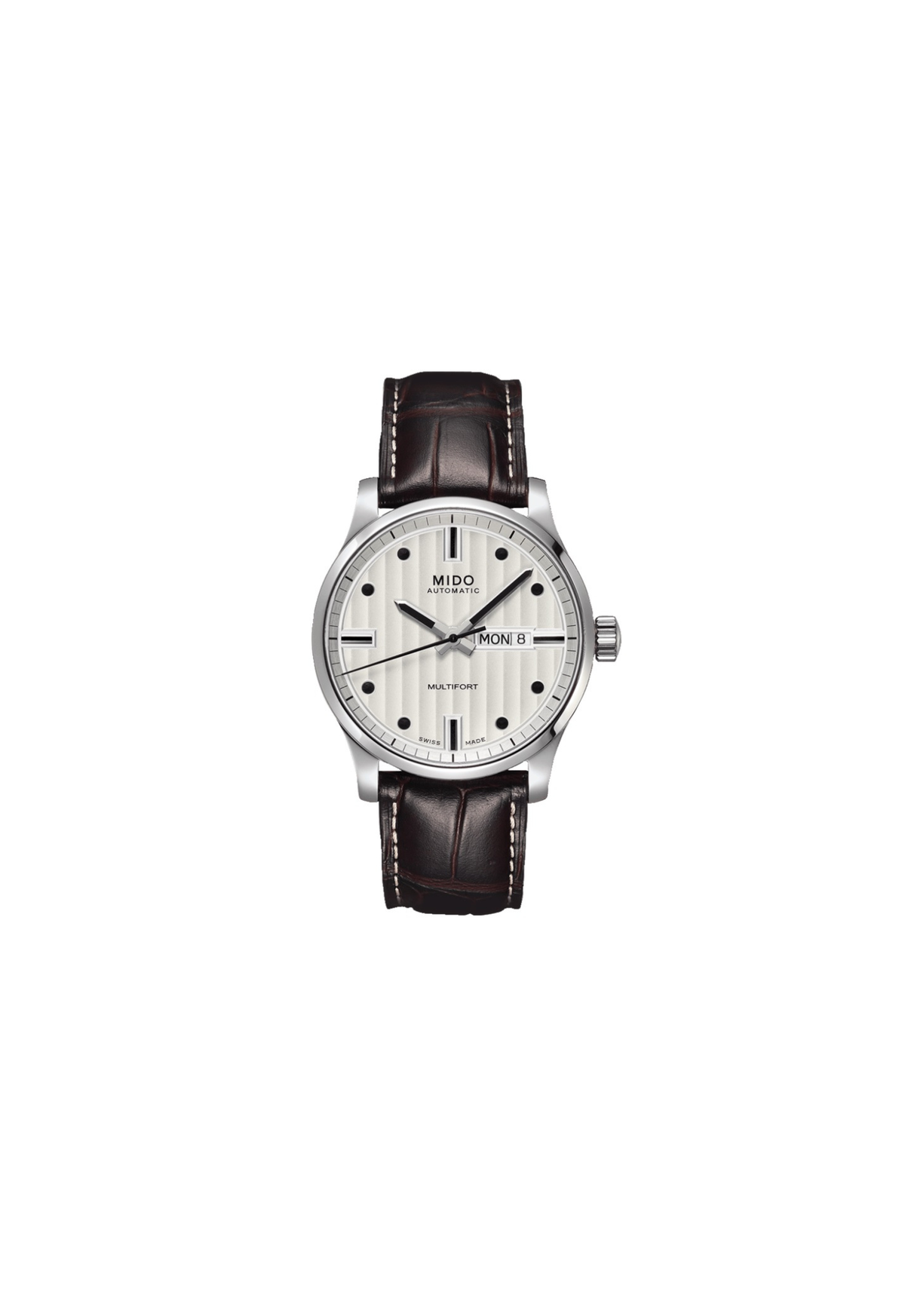 Mido Multifort M005.430.16.031.80 automatico 42 mm con quadrante bianco, cassa in acciaio, vetro zaffiro e cinturino in pelle.