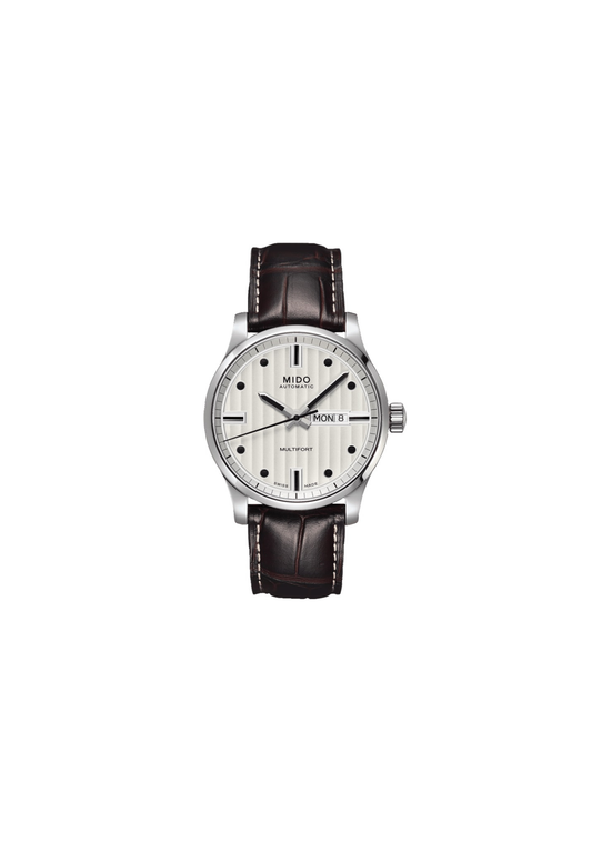 Mido Multifort M005.430.16.031.80 automatico 42 mm con quadrante bianco, cassa in acciaio, vetro zaffiro e cinturino in pelle.