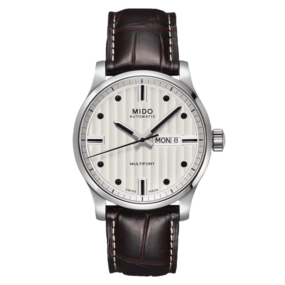 Mido Multifort M005.430.16.031.80 automatico 42 mm con quadrante bianco, cassa in acciaio, vetro zaffiro e cinturino in pelle.