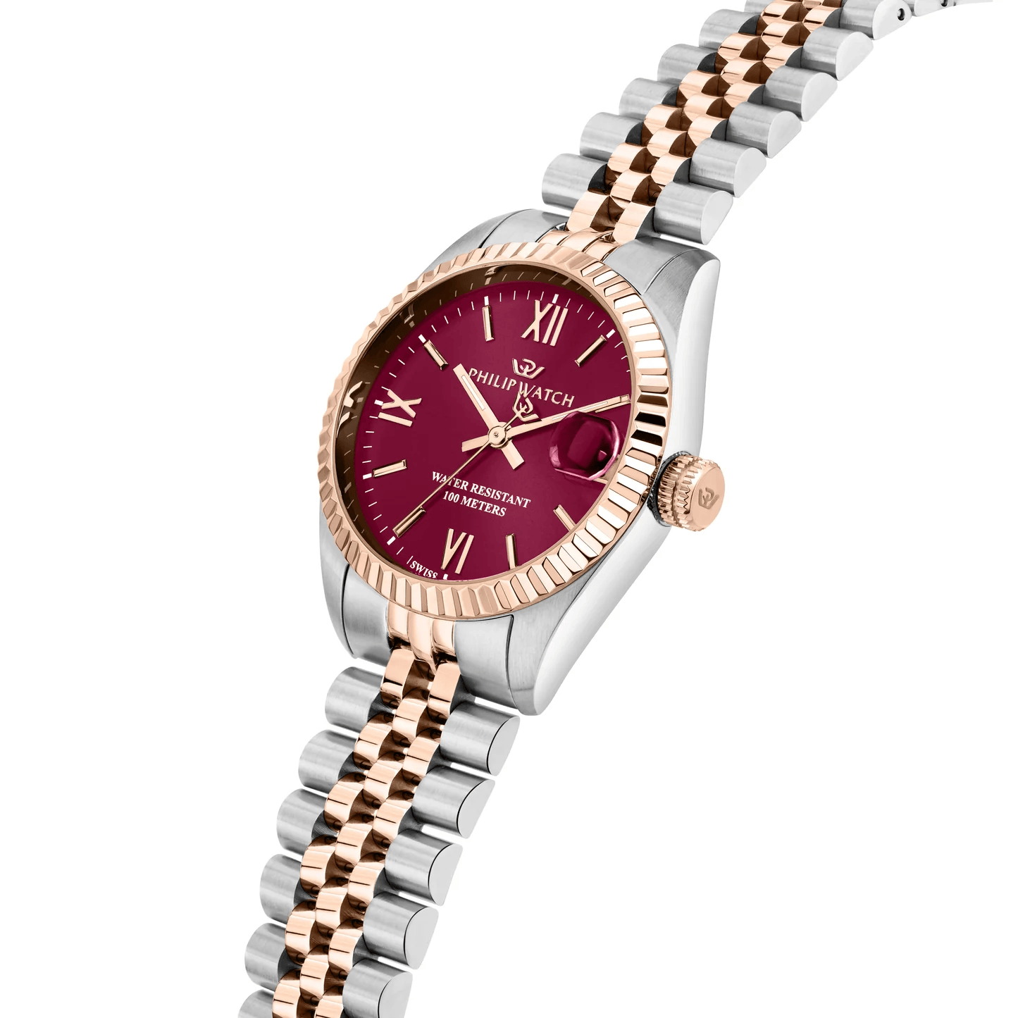 Orologio Philip Watch Caribe R8253597659 da donna, cassa rettangolare 39x31 mm in acciaio rosa satinato, bracciale in metallo argento, quadrante multifunzione e vetro zaffiro.