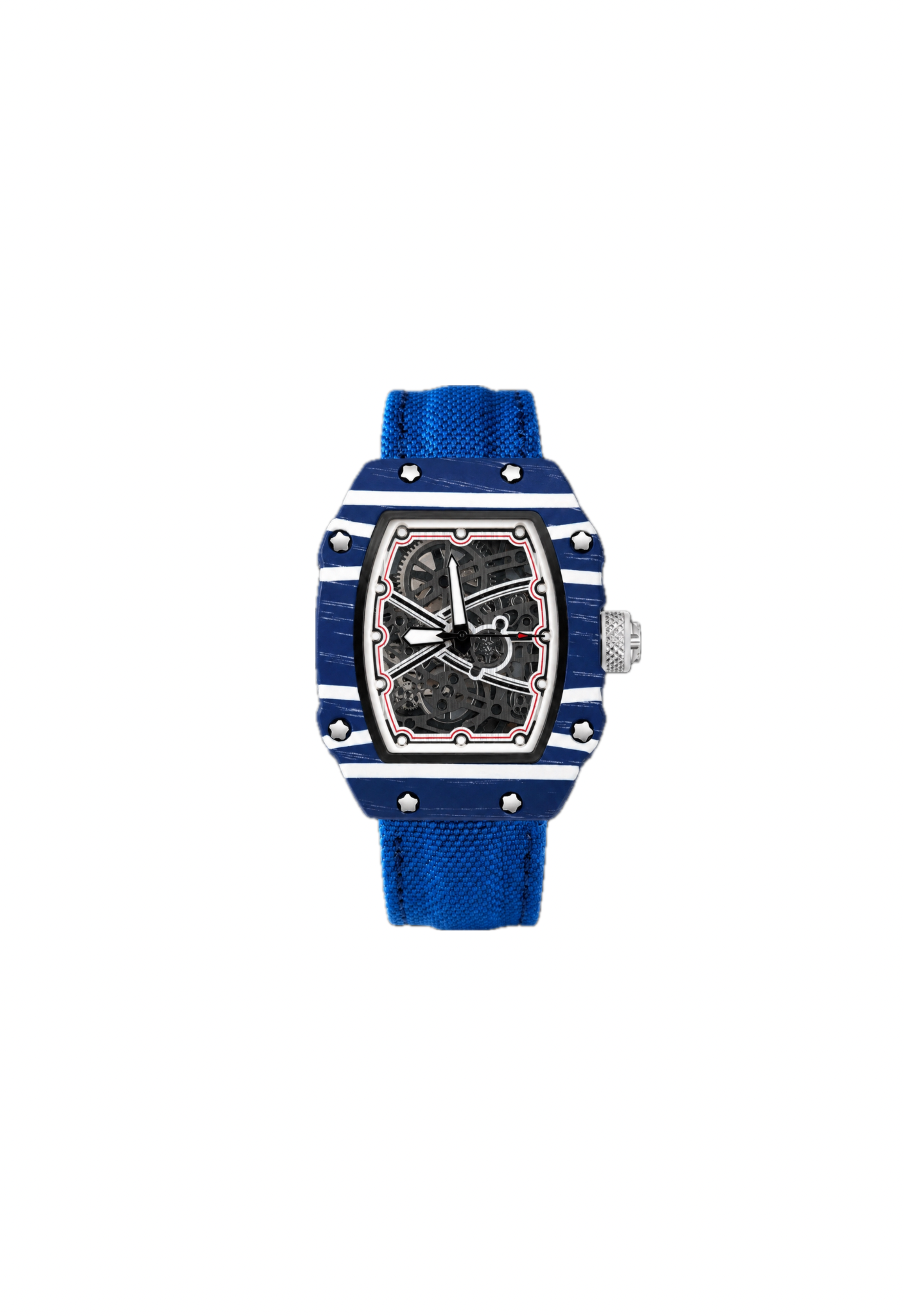 Orologio RM Style al quarzo con cassa tonneau blu e bianca, quadrante bianco e nero e cinturino in velcro. Design sportivo e moderno, ispirato all’orologeria luxury.