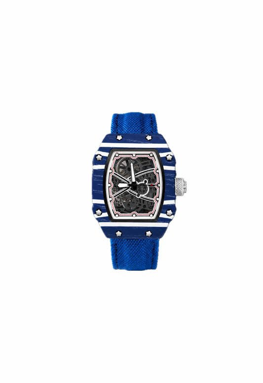 Orologio RM Style al quarzo con cassa tonneau blu e bianca, quadrante bianco e nero e cinturino in velcro. Design sportivo e moderno, ispirato all’orologeria luxury.