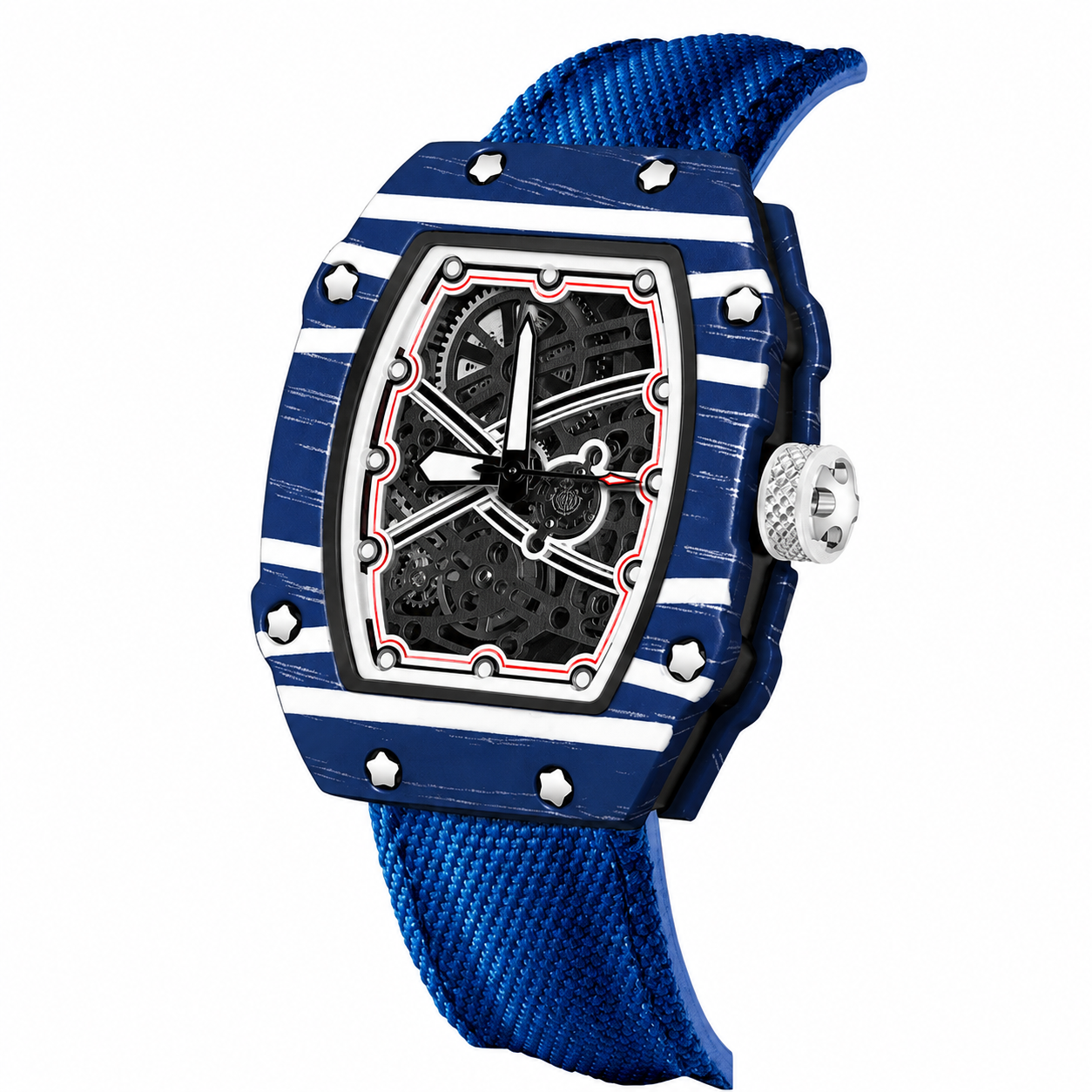 Orologio RM Style al quarzo con cassa tonneau blu e bianca, quadrante bianco e nero e cinturino in velcro. Design sportivo e moderno, ispirato all’orologeria luxury