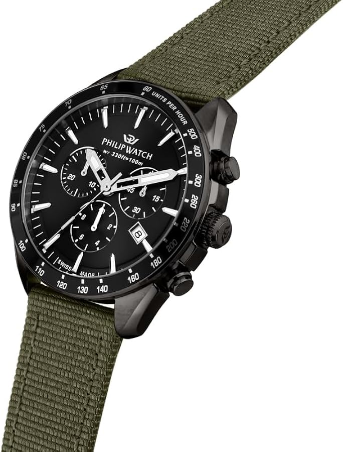 Philip Watch Blaze R8271995026 cronografo uomo 42 mm con quadrante nero, cassa con finitura nera e cinturino in tessuto verde.