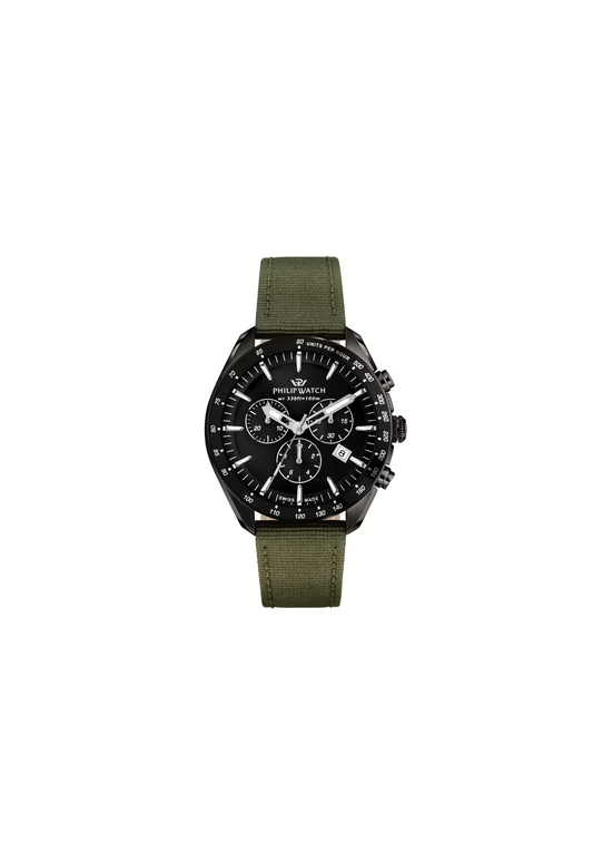 Philip Watch Blaze R8271995026 cronografo uomo 42 mm con quadrante nero, cassa con finitura nera e cinturino in tessuto verde.
