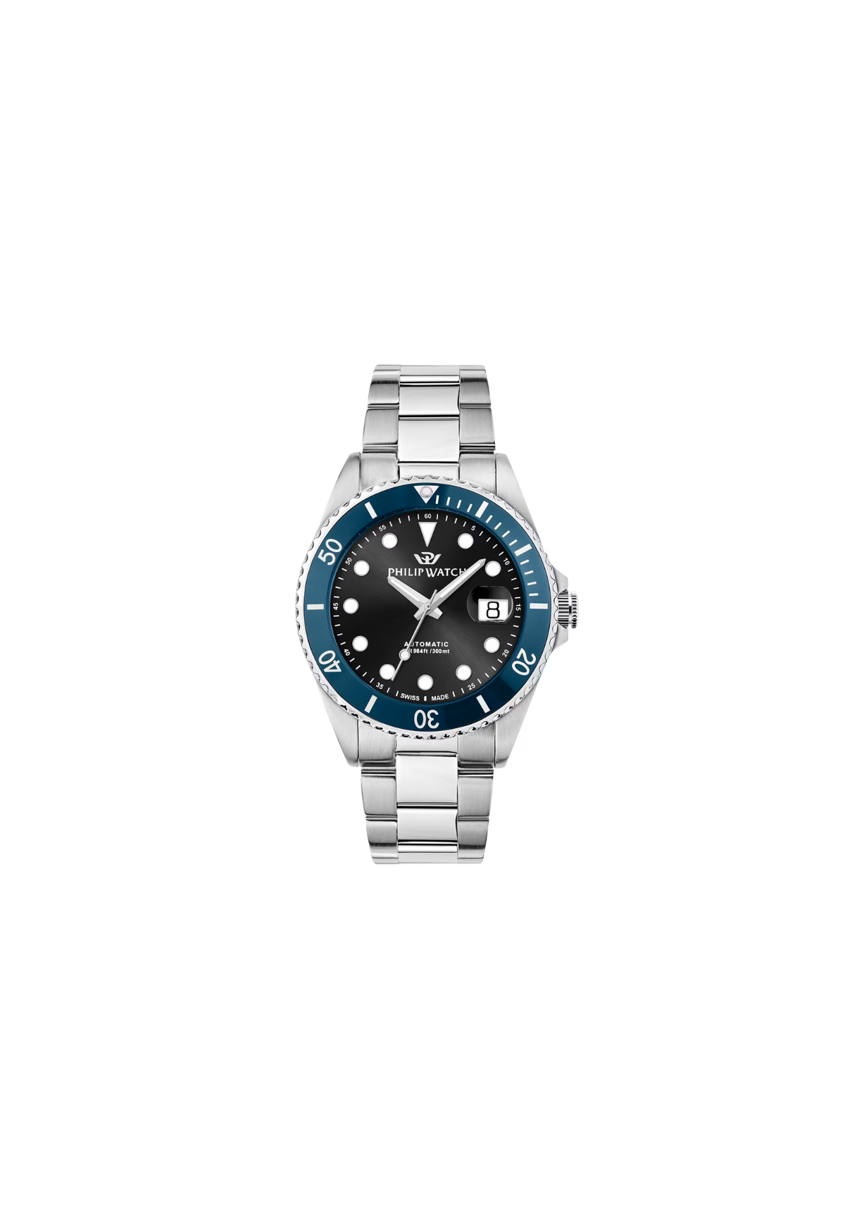 Philip Watch Caribe Diving R8223597117 automatico uomo 42 mm con quadrante nero, lunetta blu, cassa in acciaio e bracciale argentato.